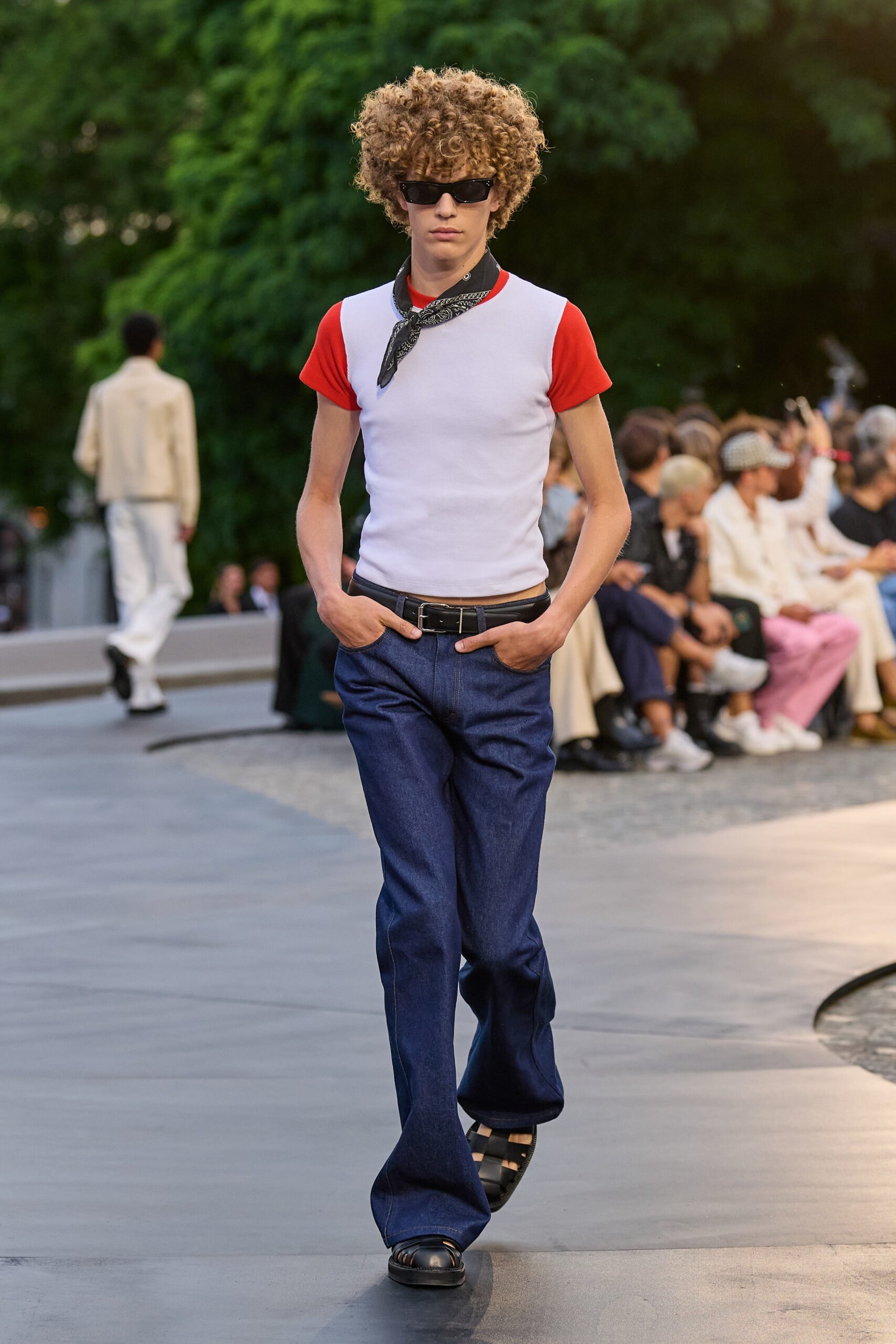 fitted white and red t-shirt with denim pants