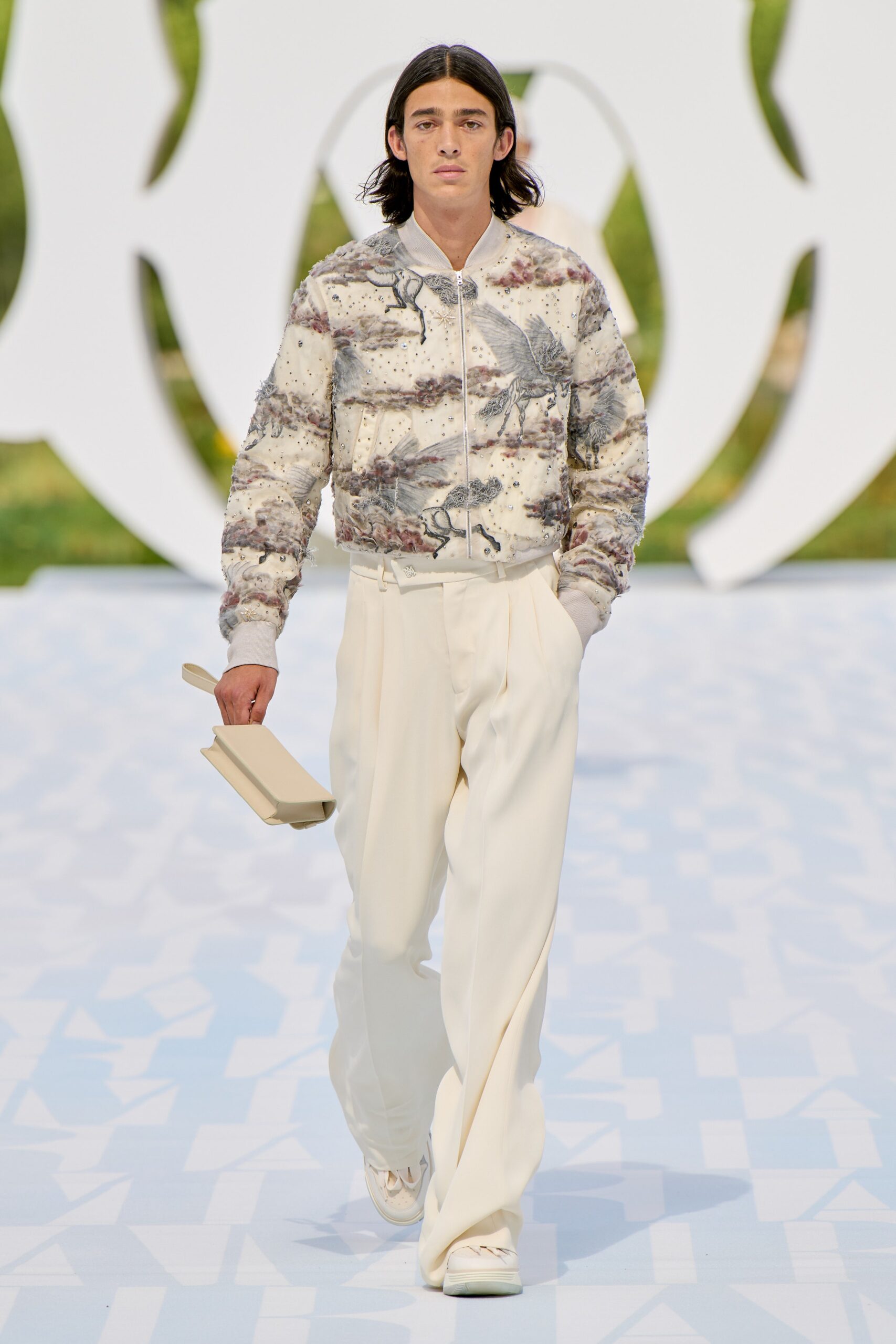 multi-colored fitted jacket with relaxed pants