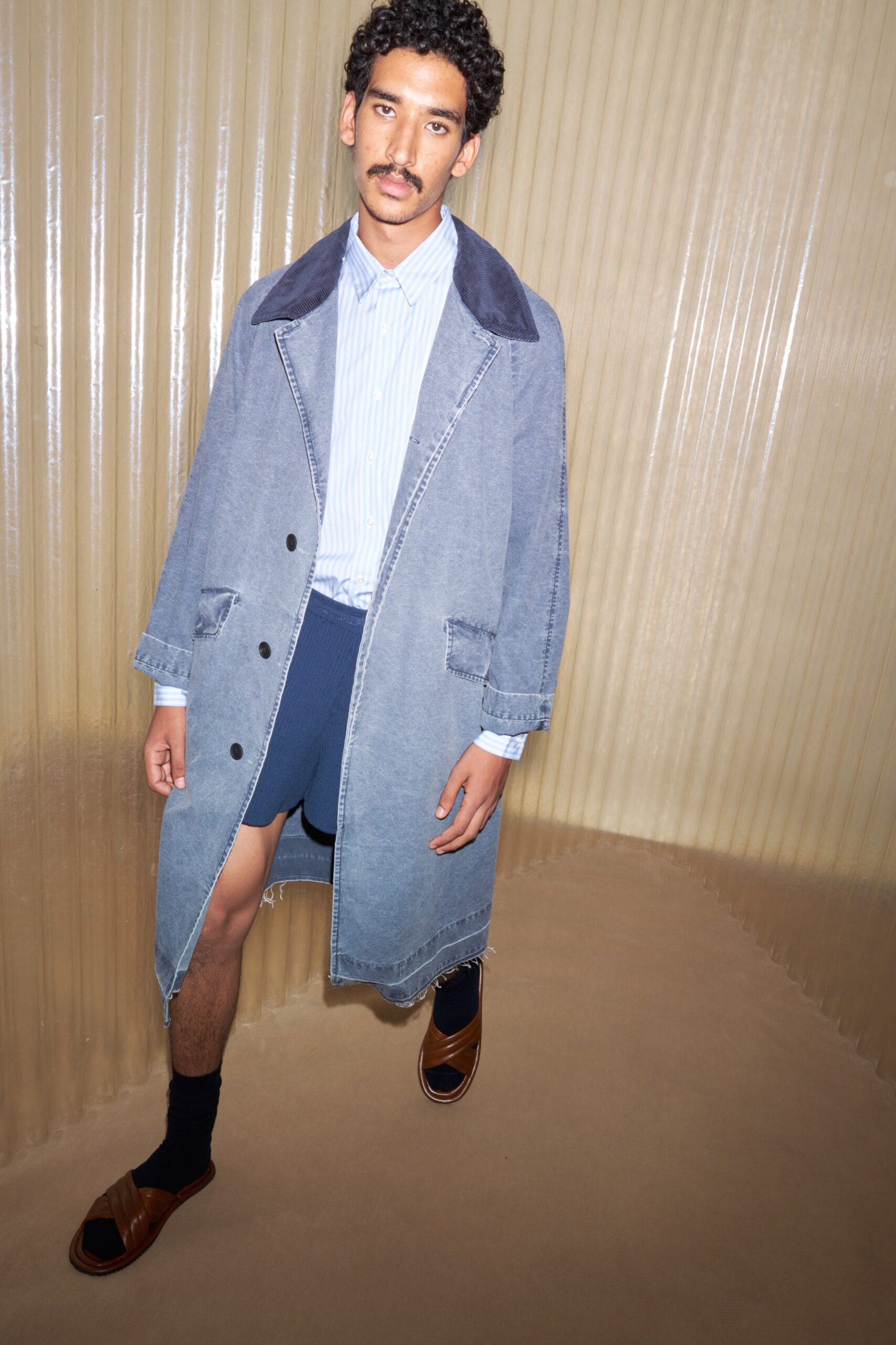 blue denim coat with striped shirt