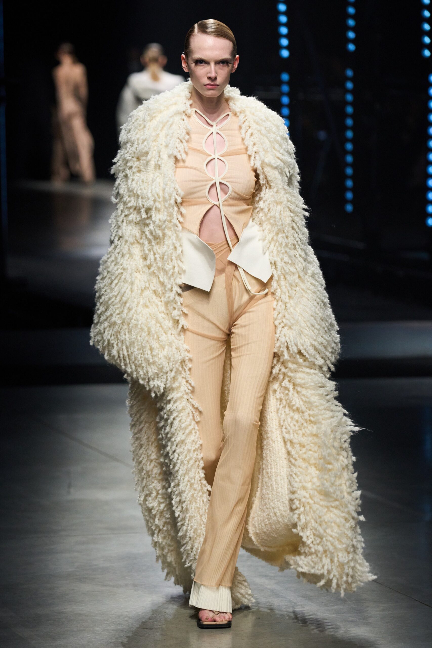 beige fur oversized fringed coat