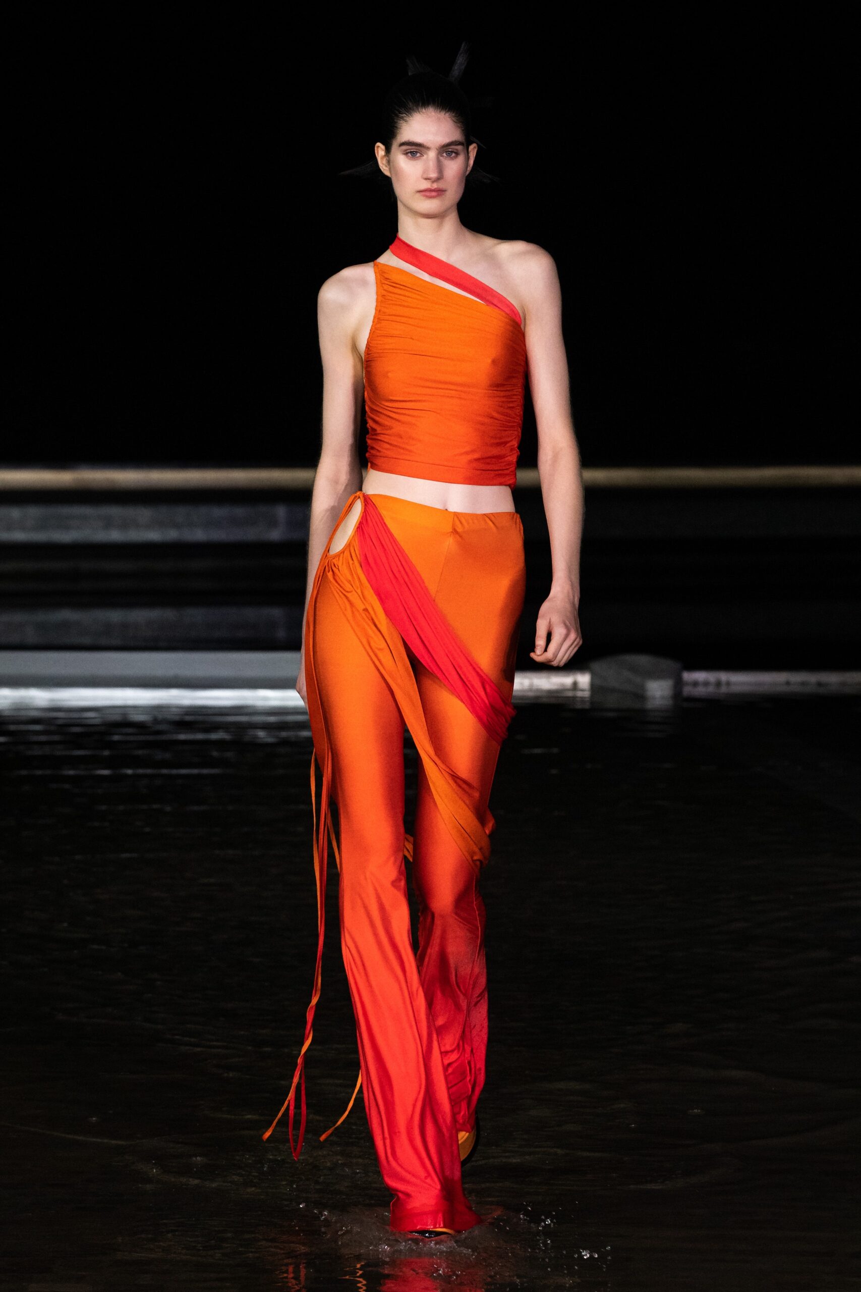 fitted orange silk top and pants