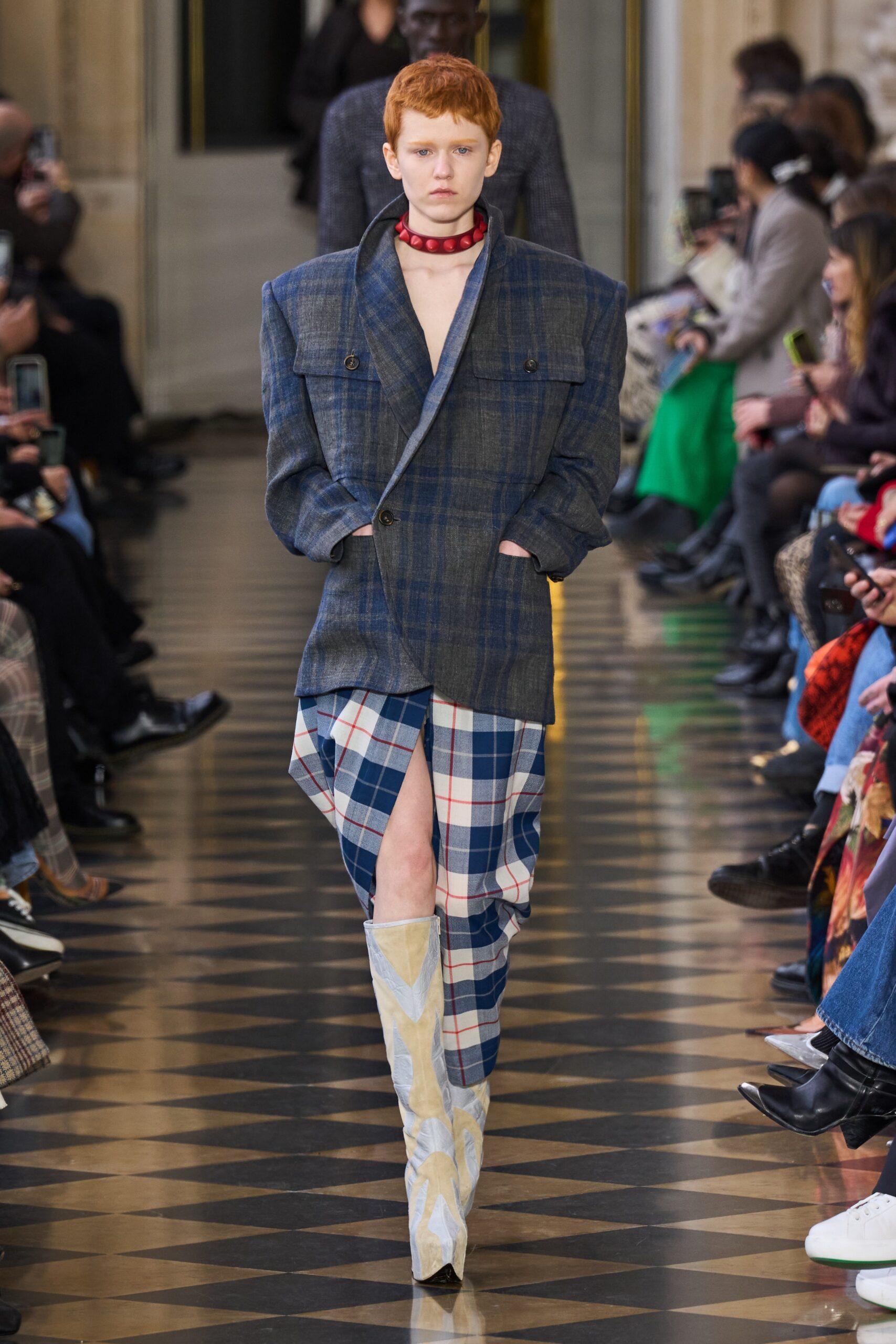 oversized blue plaid blazer with asymmetric skirt