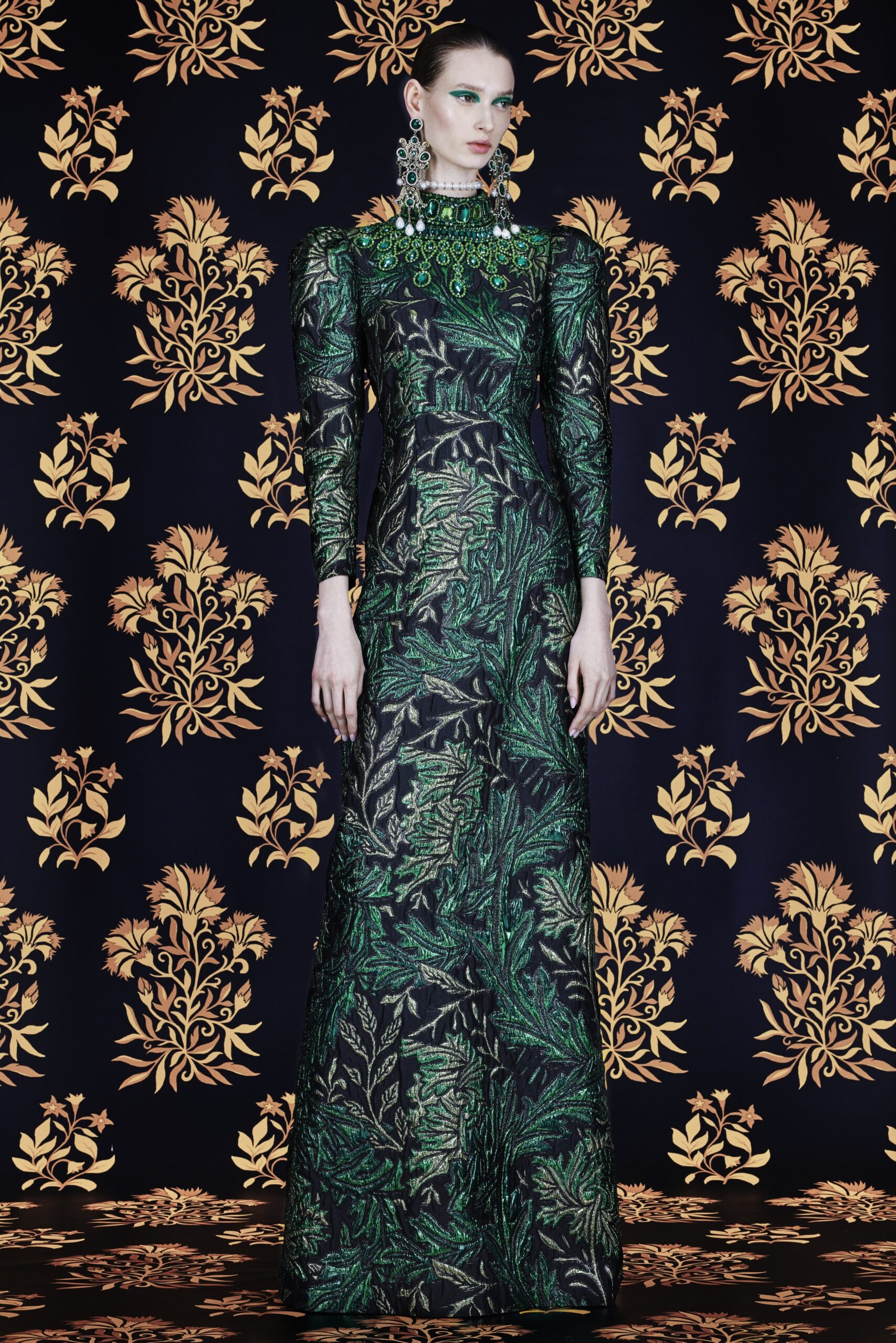 green printed long-sleeve gown