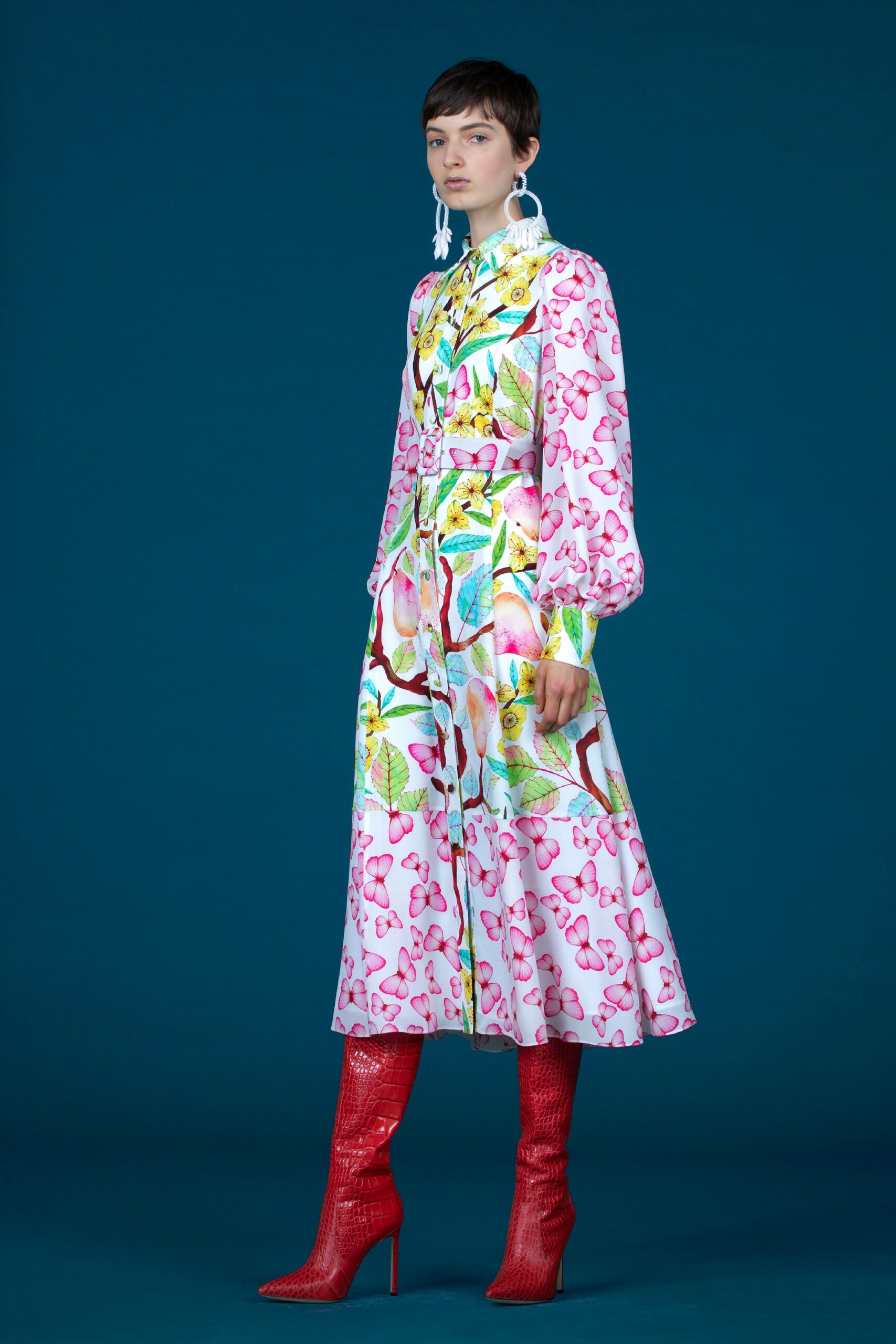 pink silk long-sleeve collared fitted flared printed dress
