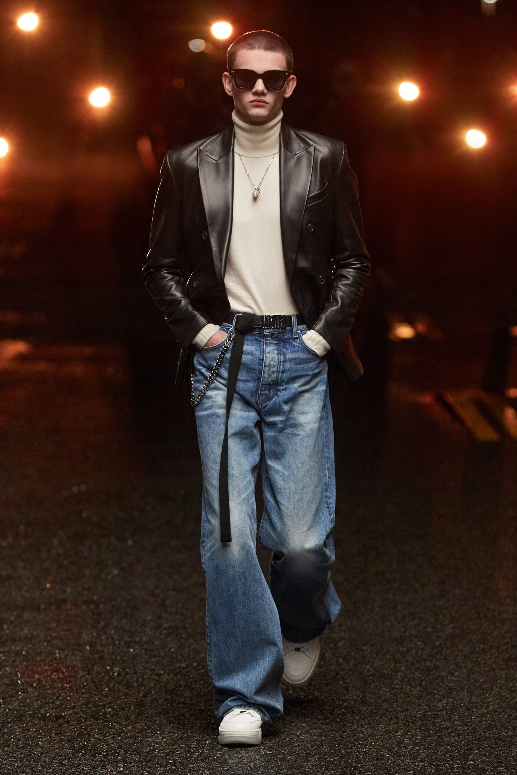 black leather jacket with denim pants