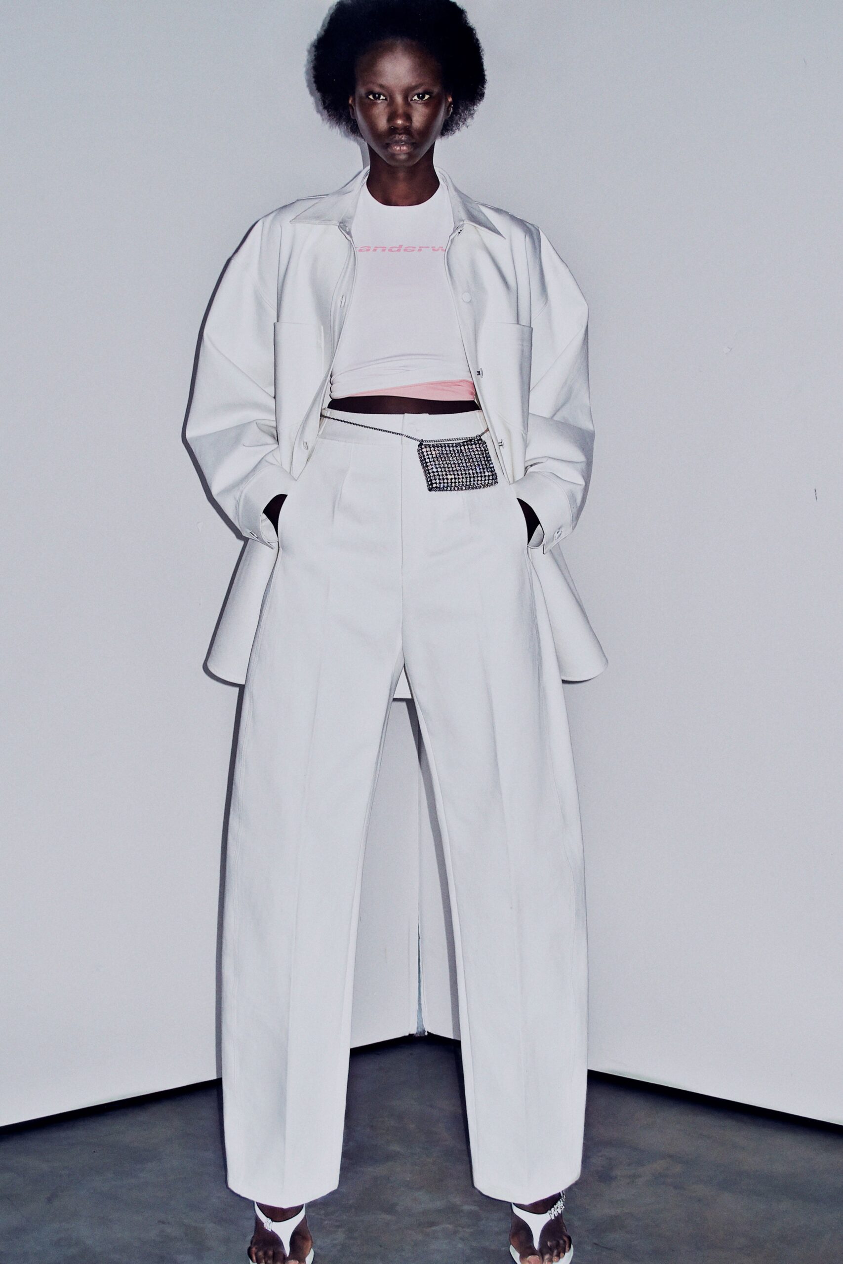 oversized white jacket with pink top