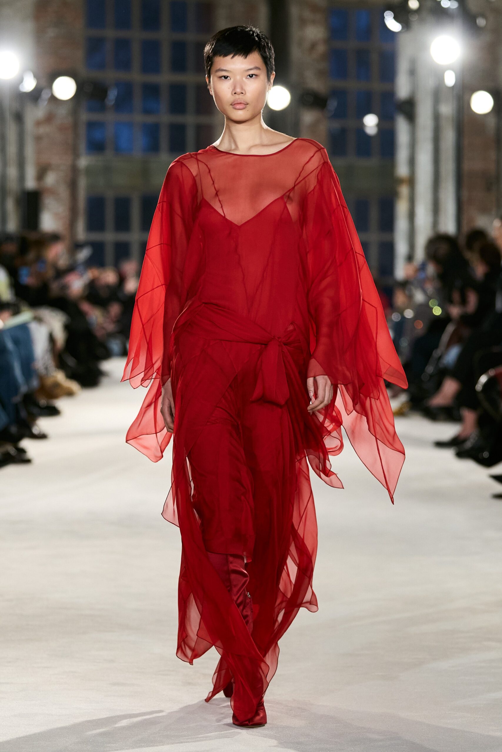 red flowing chiffon dress