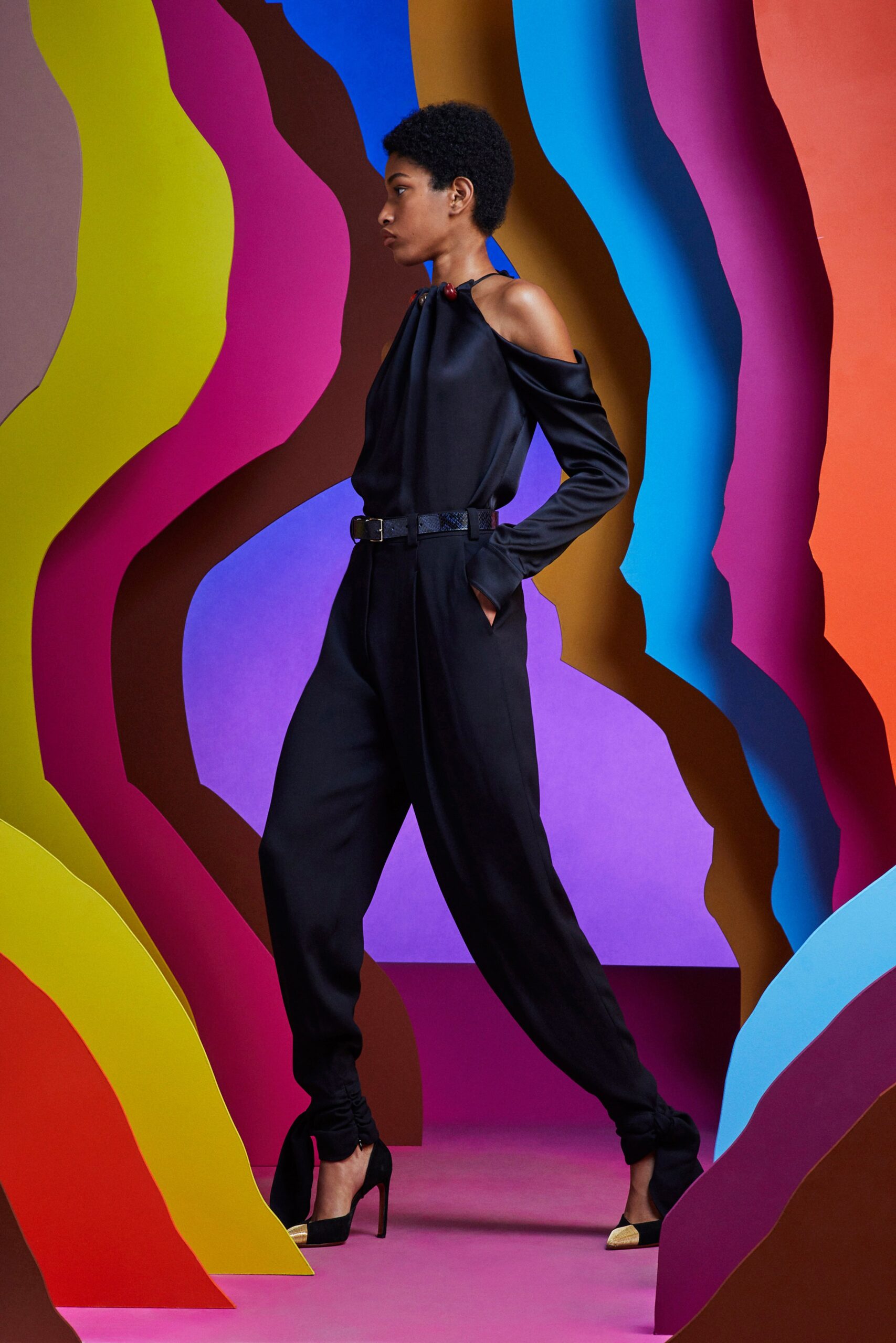 black silk off-shoulder jumpsuit