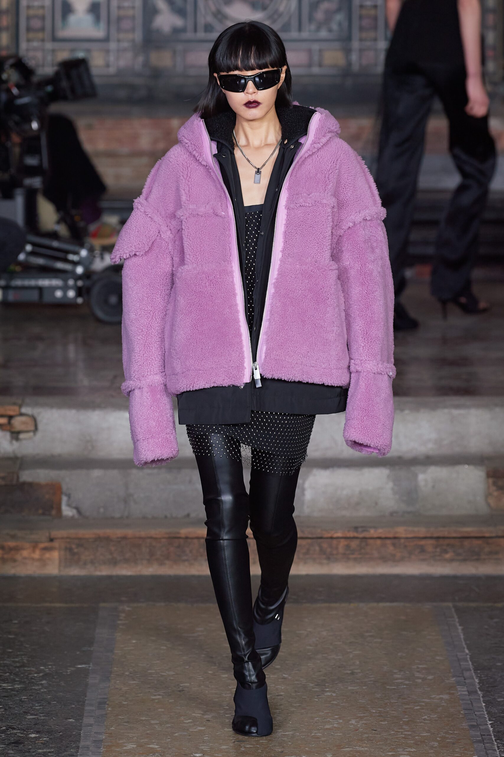 purple faux-fur long-sleeve hooded oversized zippered jacket