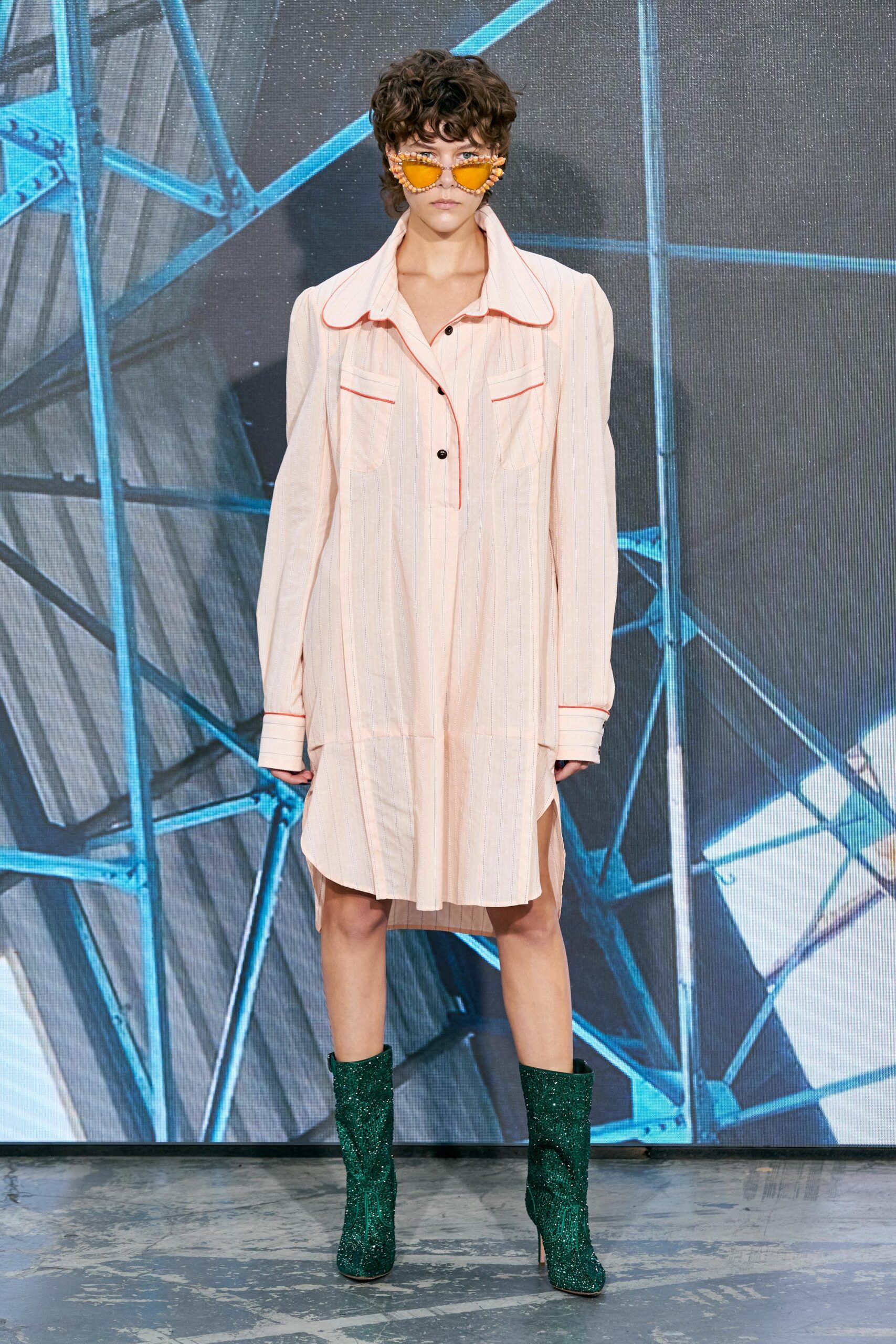 pink cotton long-sleeve collared relaxed buttoned pleated shirt-dress