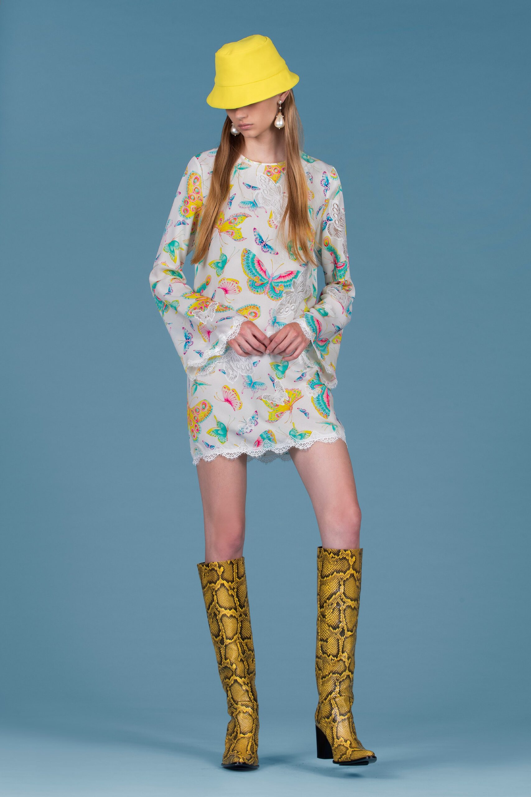 embroidered mini dress with yellow hat