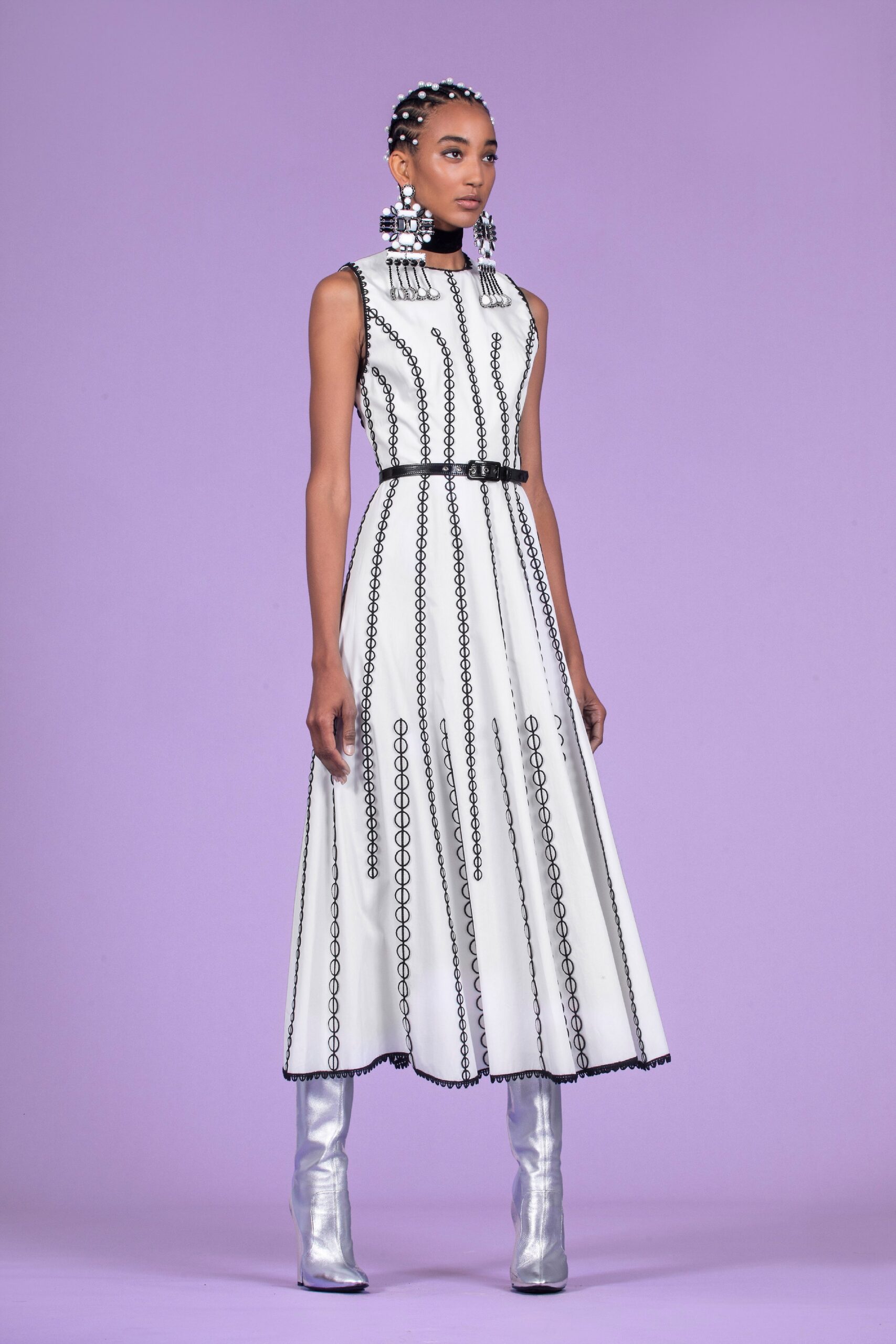 white and black embroidered midi dress