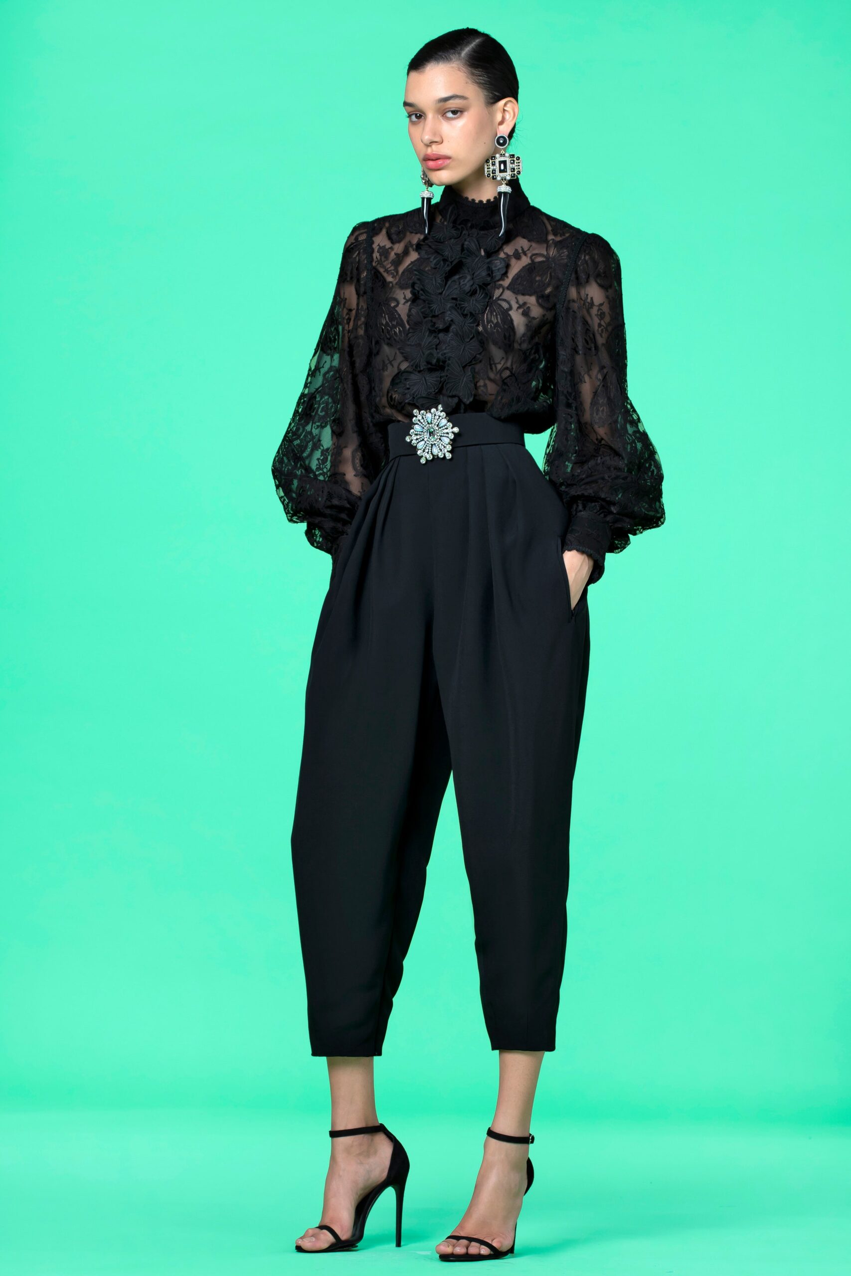 black lace long-sleeve collared fitted ruffled blouse