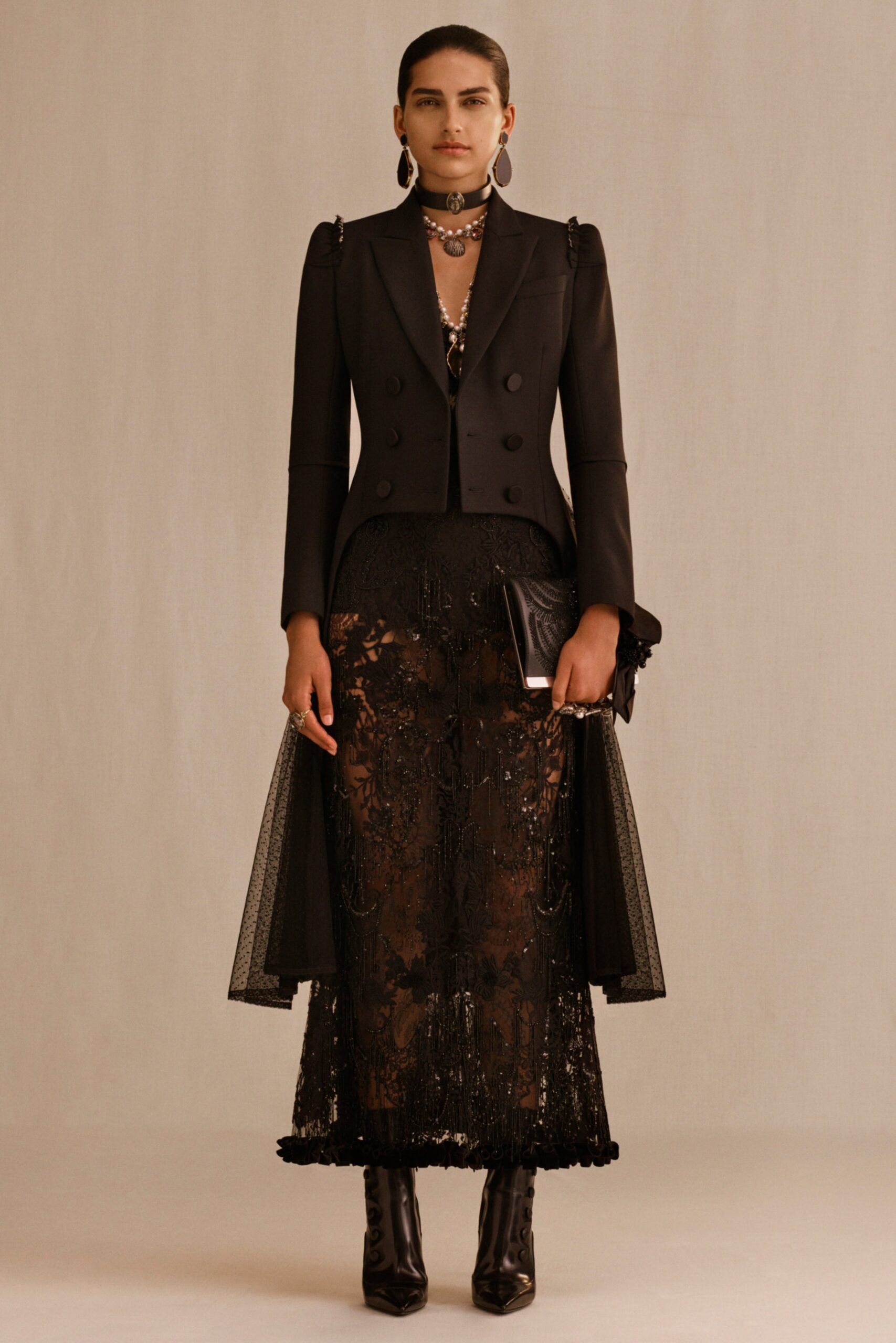 black blazer and lace dress
