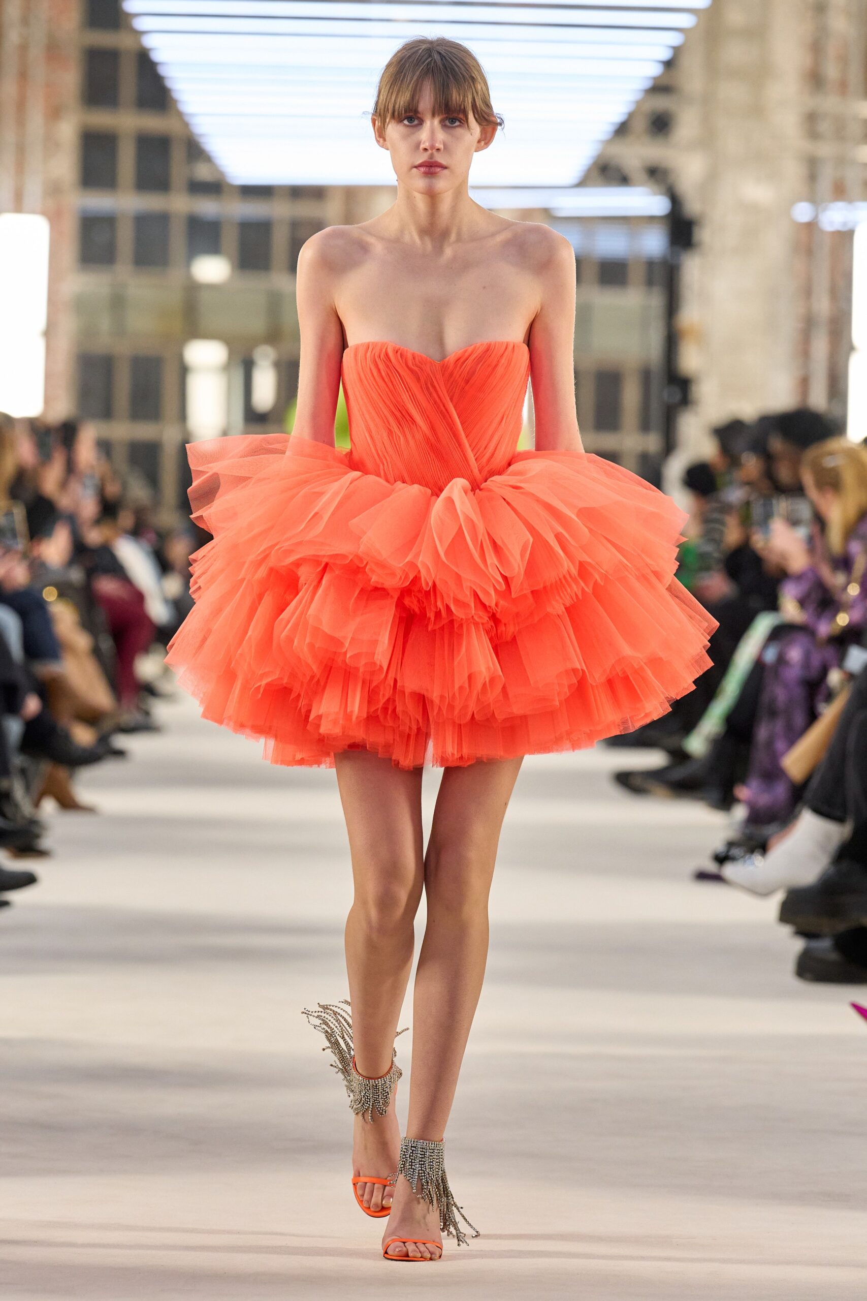 orange tulle strapless fitted tiered flowing mini dress