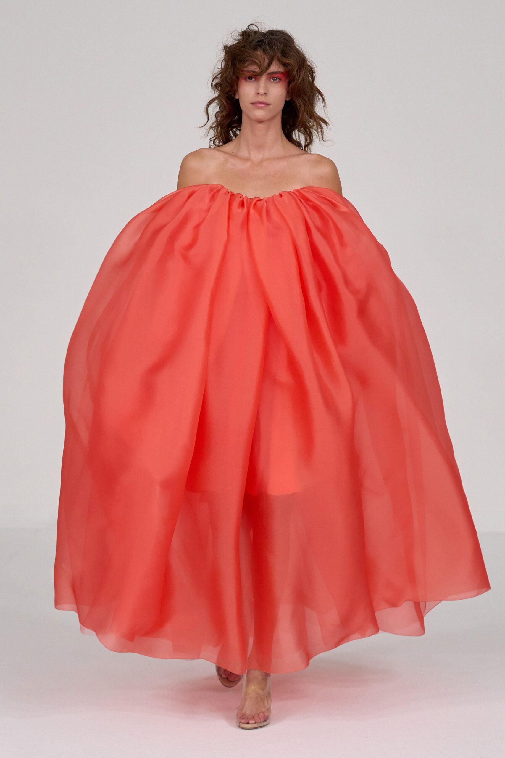 coral chiffon strapless gown
