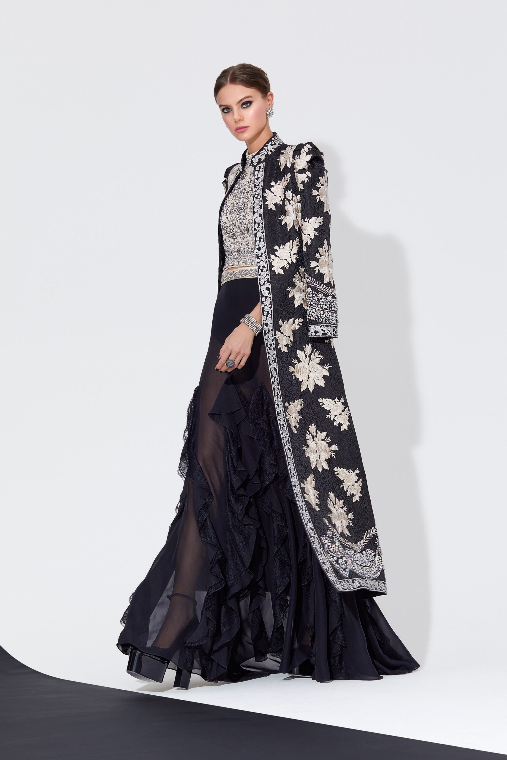 black silk long-sleeve collared structured embroidered coat