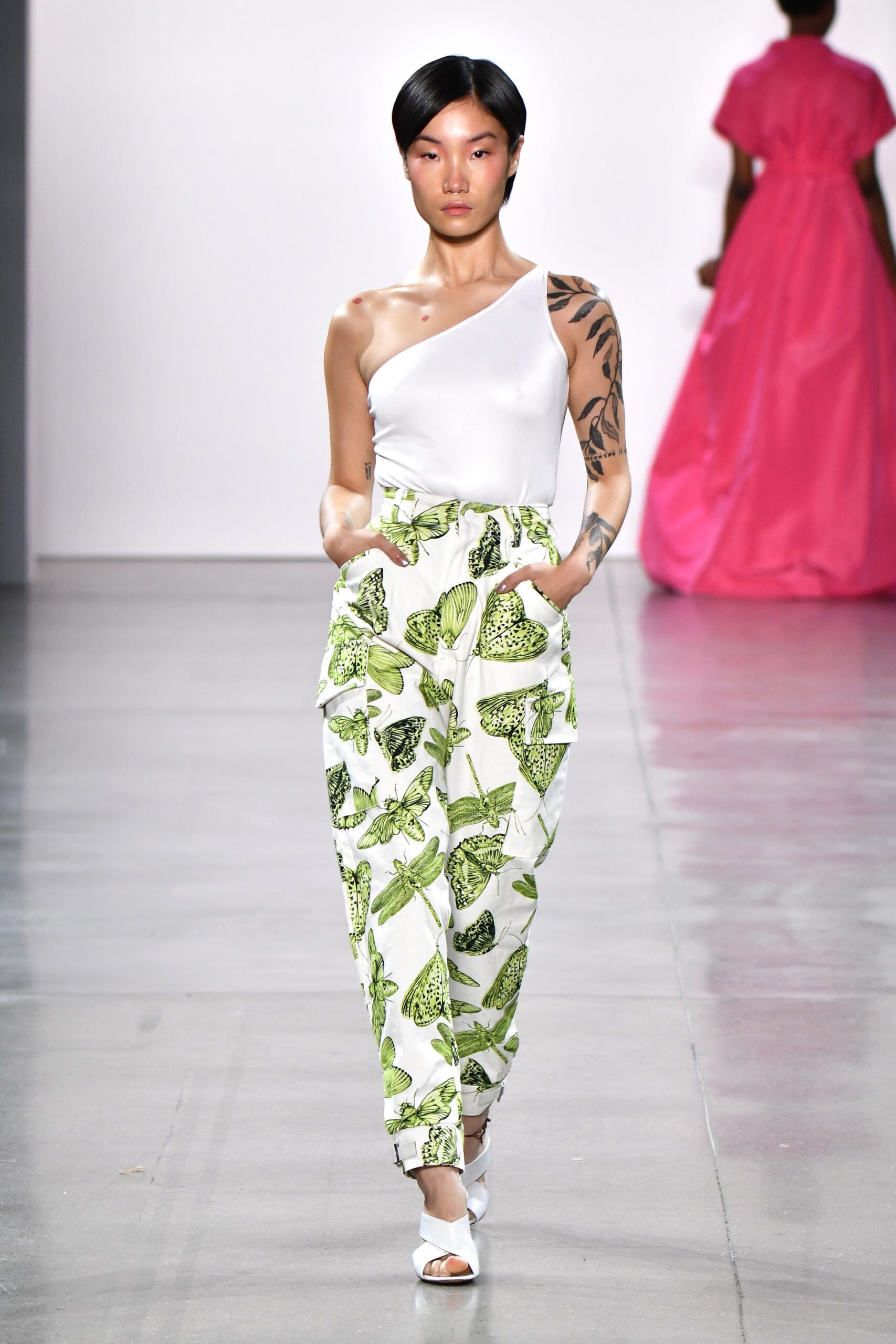 white one-shoulder top with printed pants