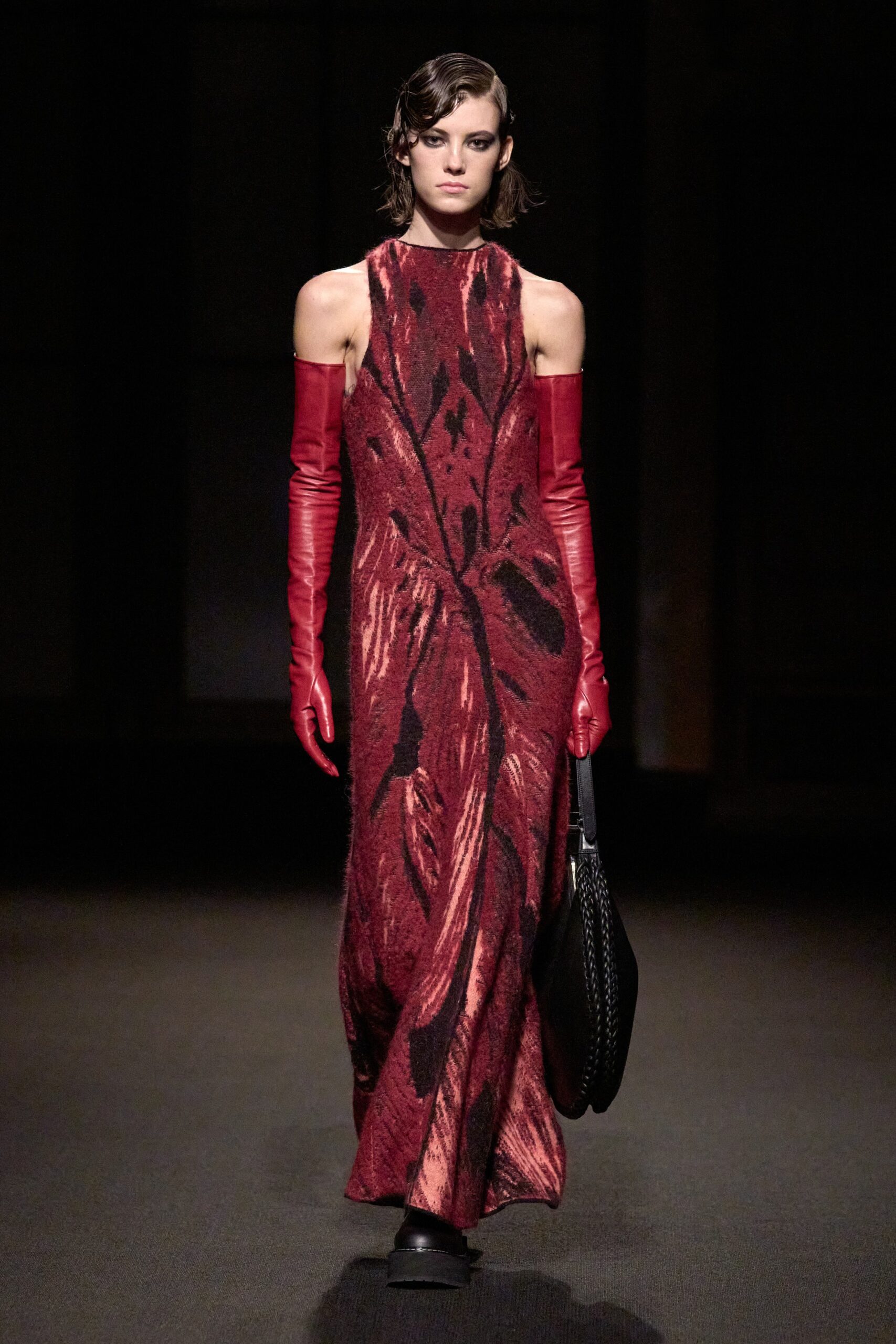 red silk fitted gown with gloves
