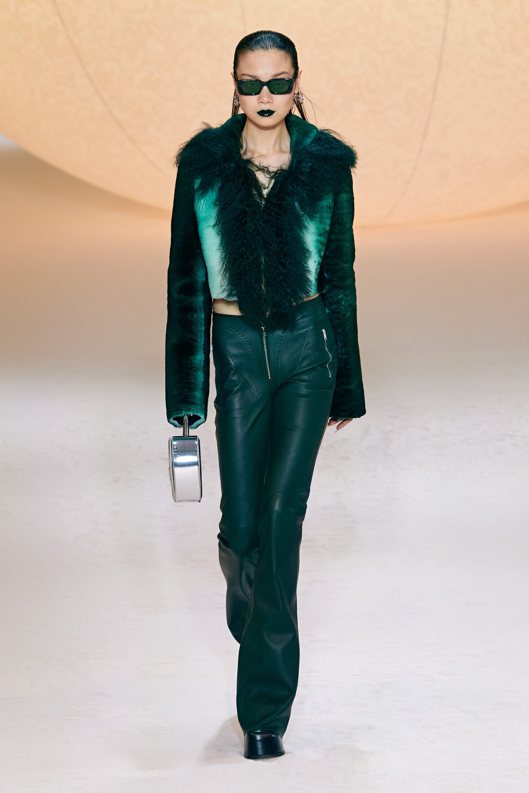 green fur long-sleeve collared fitted fringed jacket