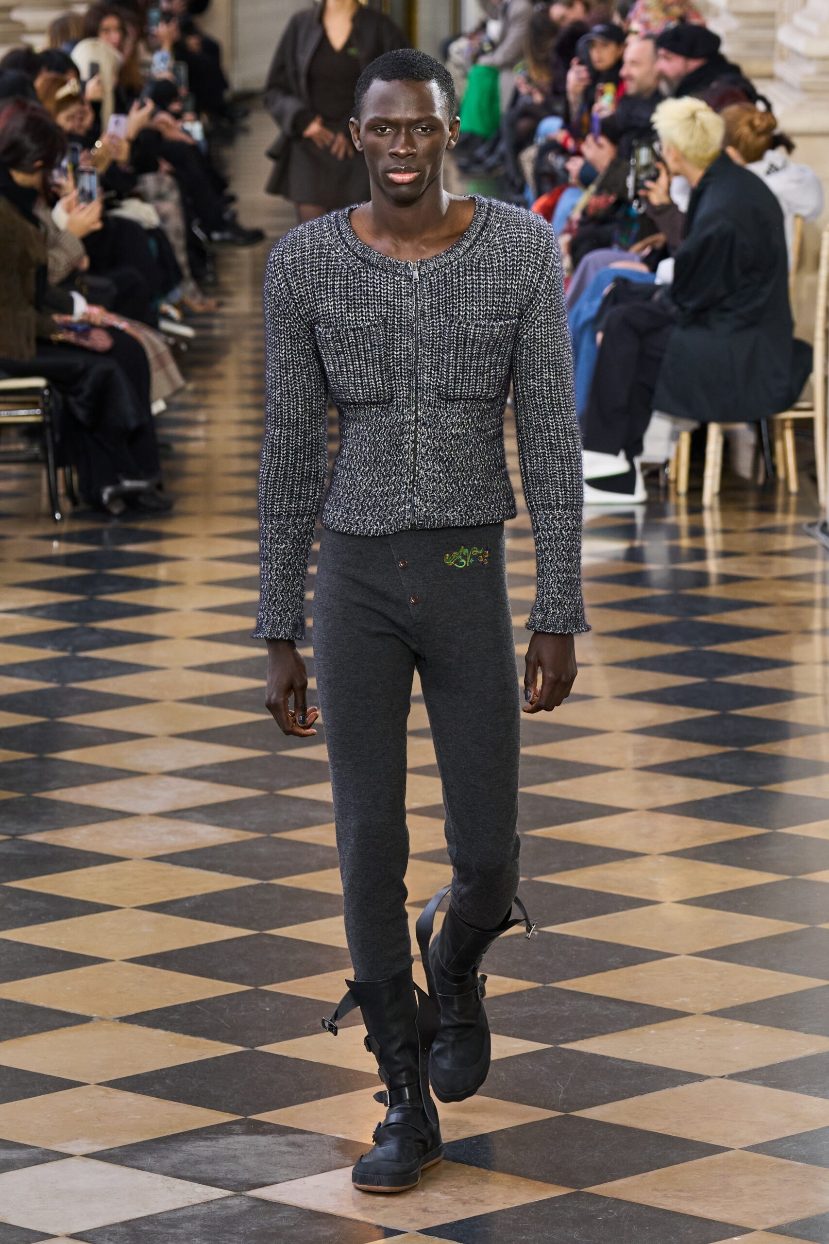 gray wool long-sleeve collared fitted buttoned top