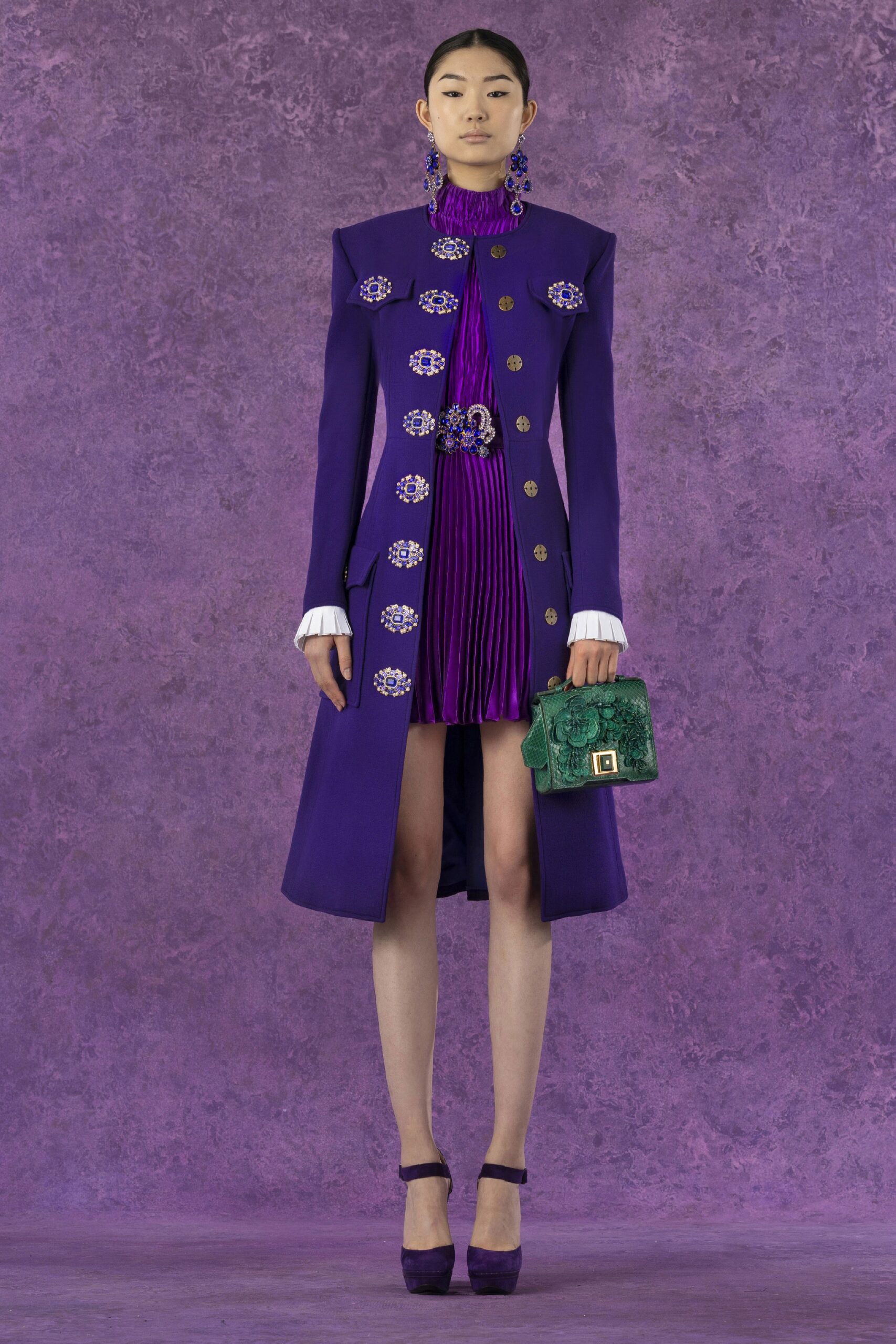 purple coat and mini dress