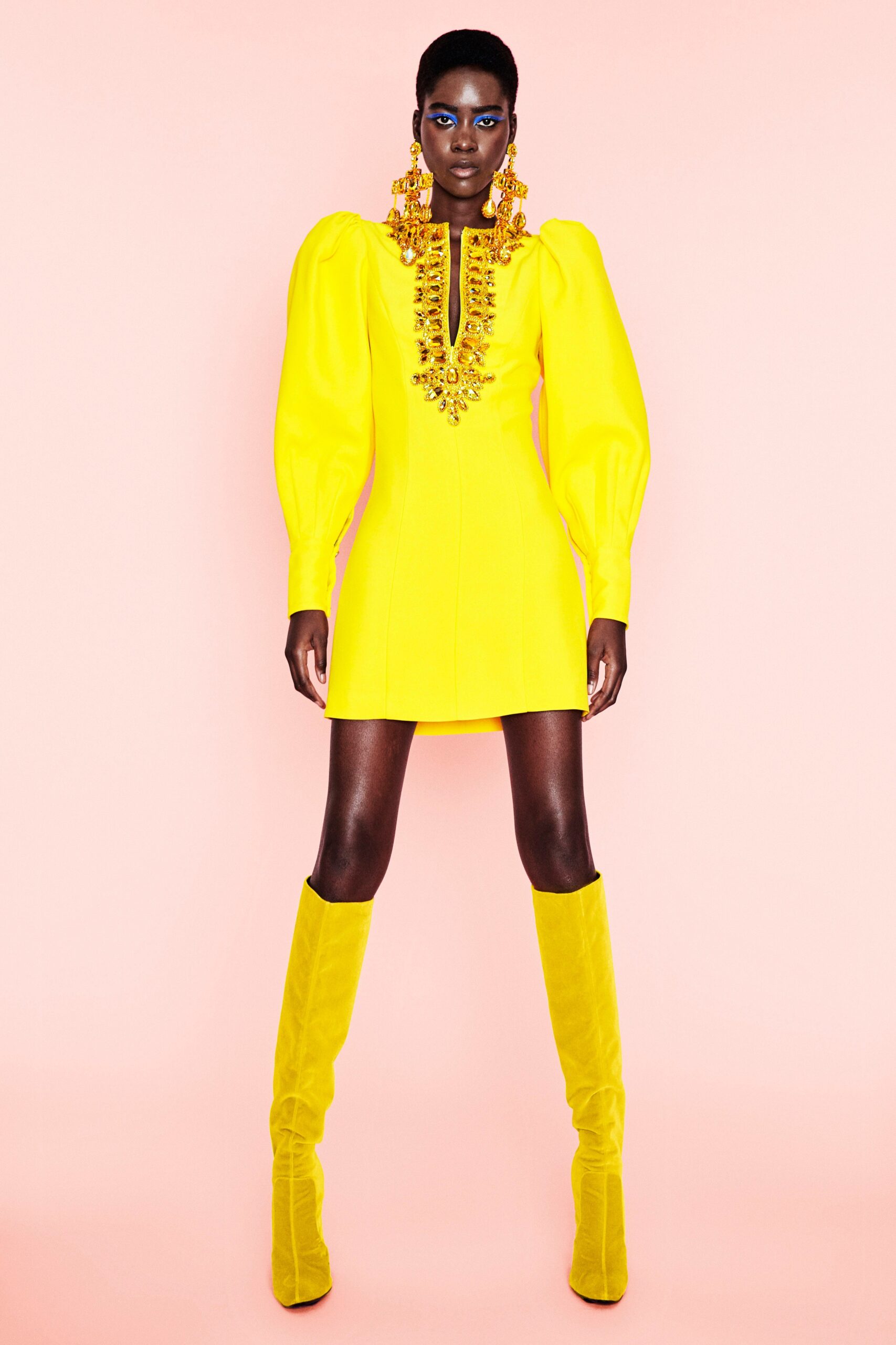 yellow long-sleeve collared fitted padded embroidered mini mini-dress