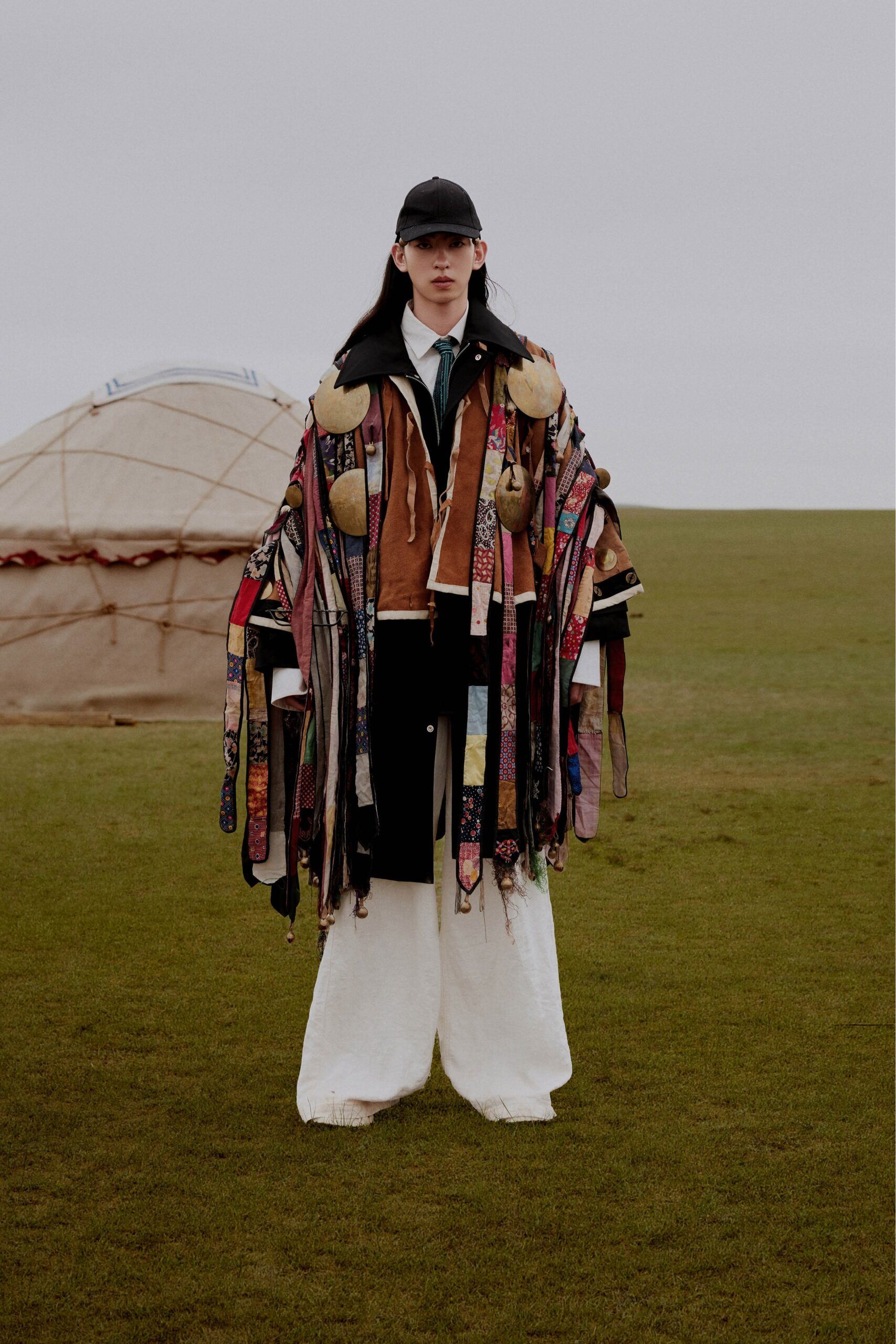 multi cotton long-sleeve oversized layered coat