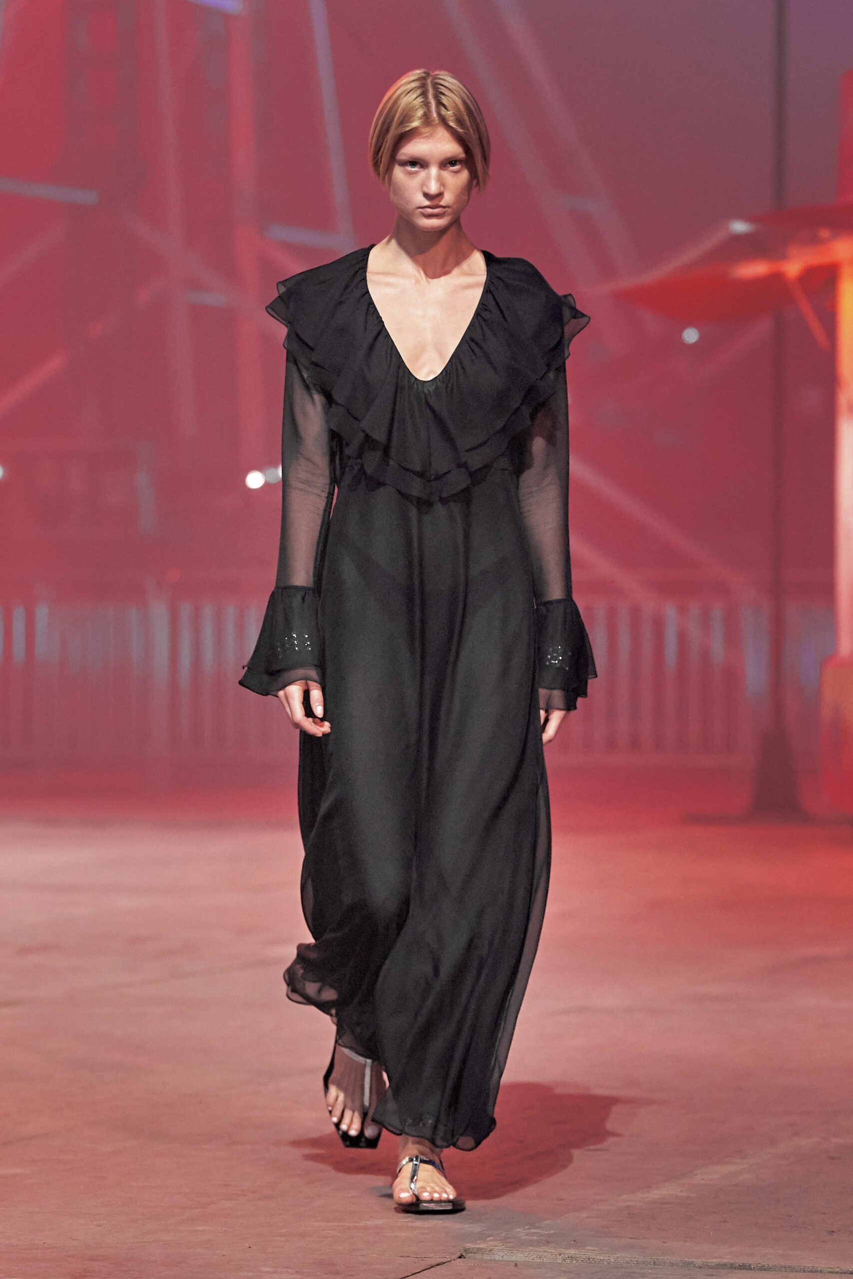 black silk ruffled maxi dress