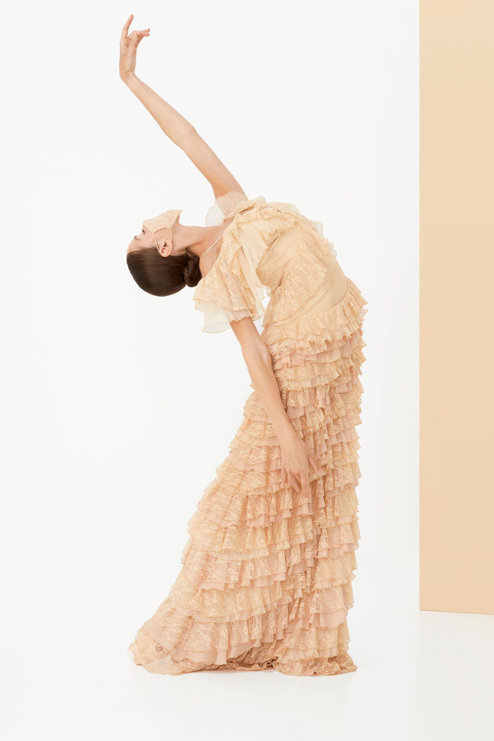 beige lace tiered gown