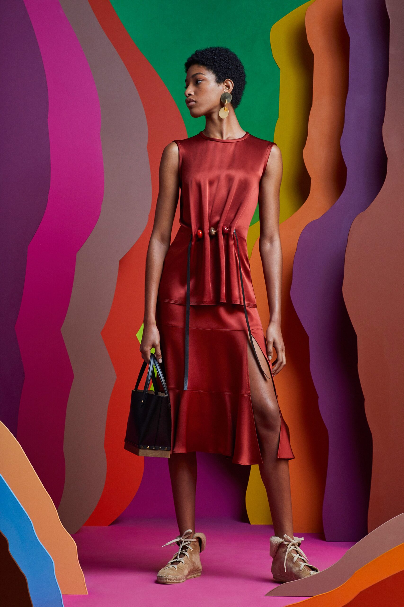 fitted red silk midi dress