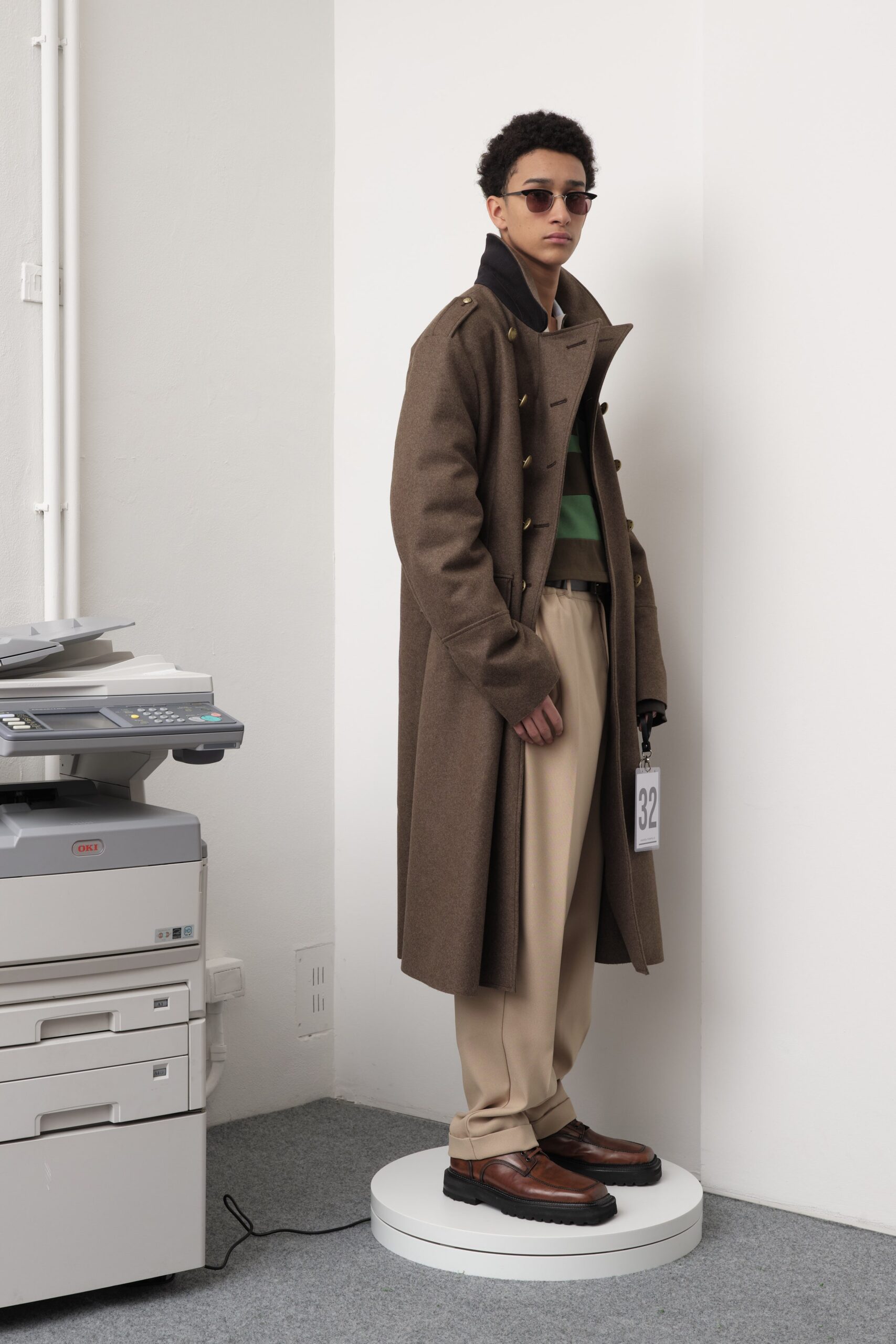 brown wool coat with green top