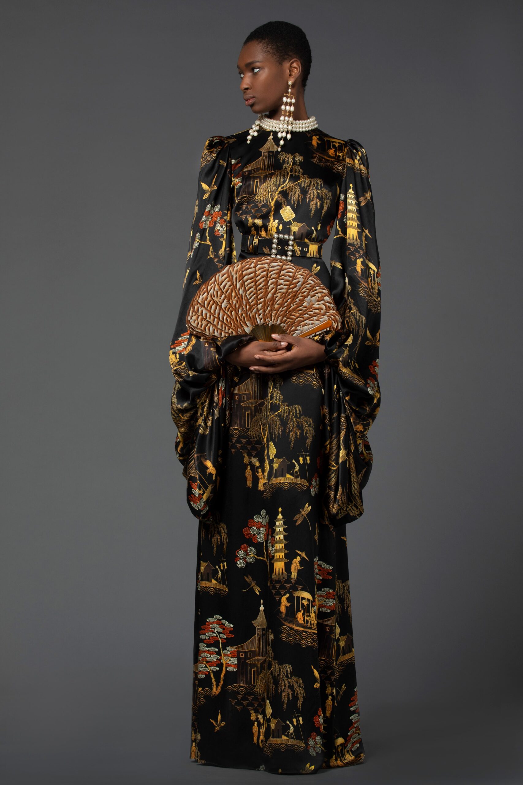 black silk printed gown