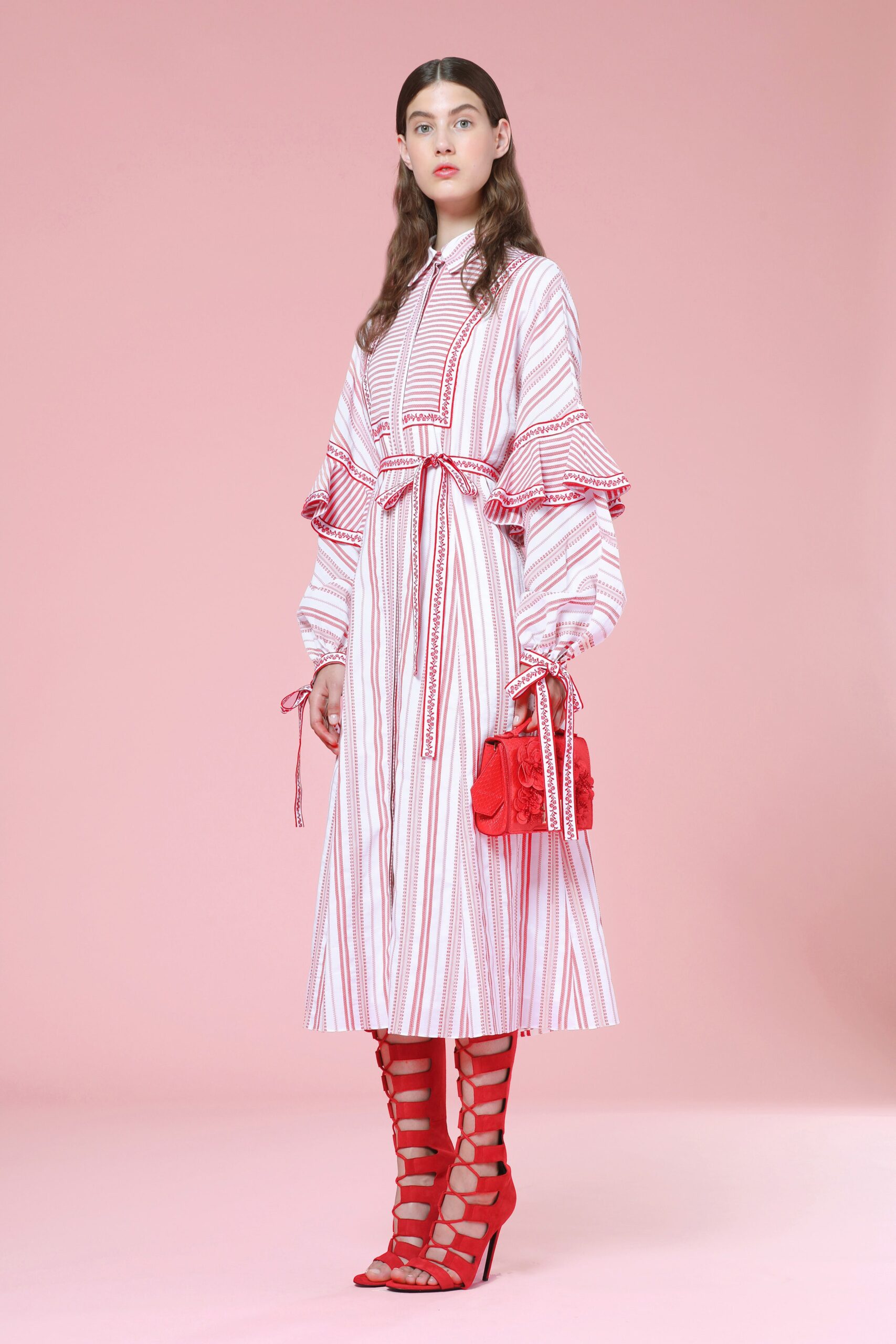 white cotton long-sleeve collared fitted striped ruffled dress