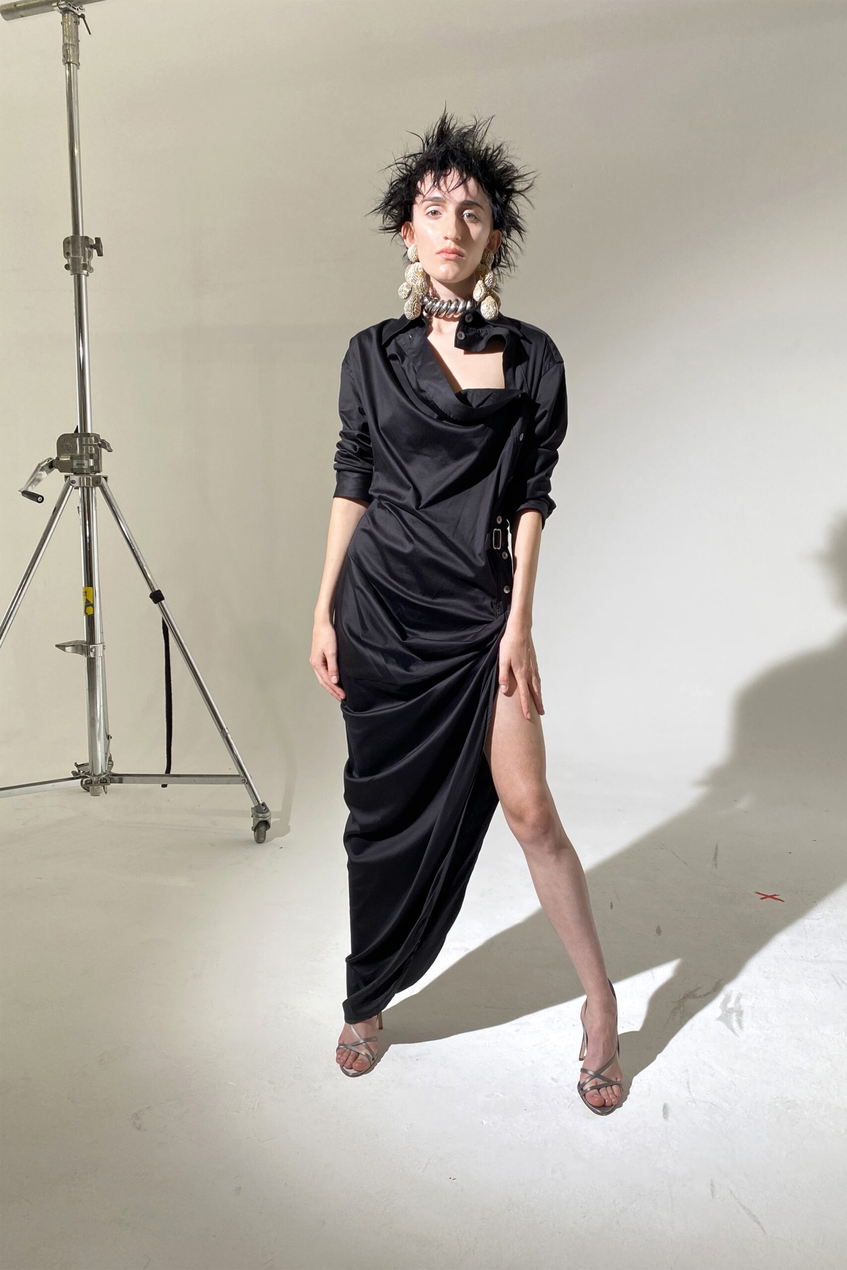 black silk fitted asymmetric dress