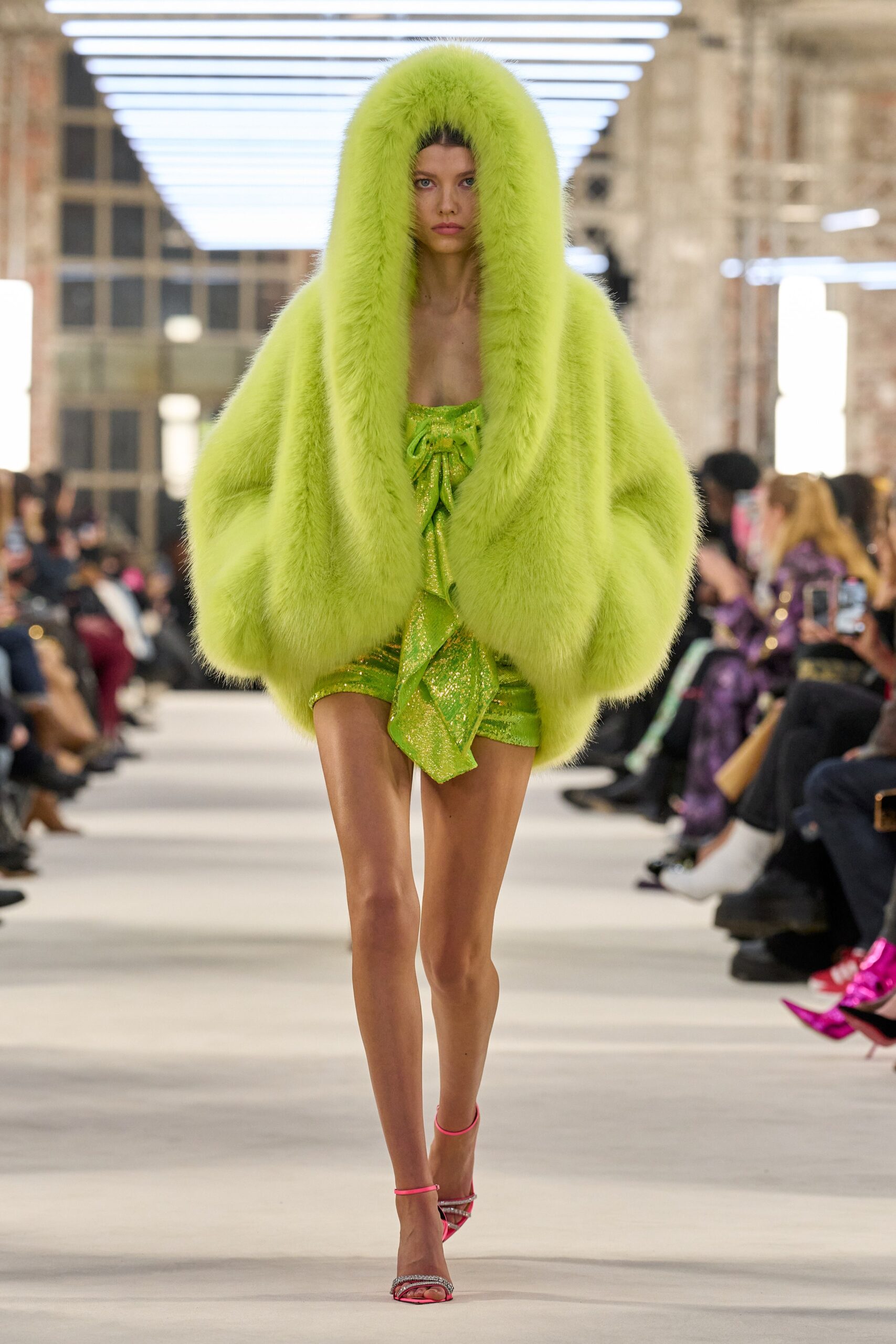 green faux-fur long-sleeve hooded oversized layered coat