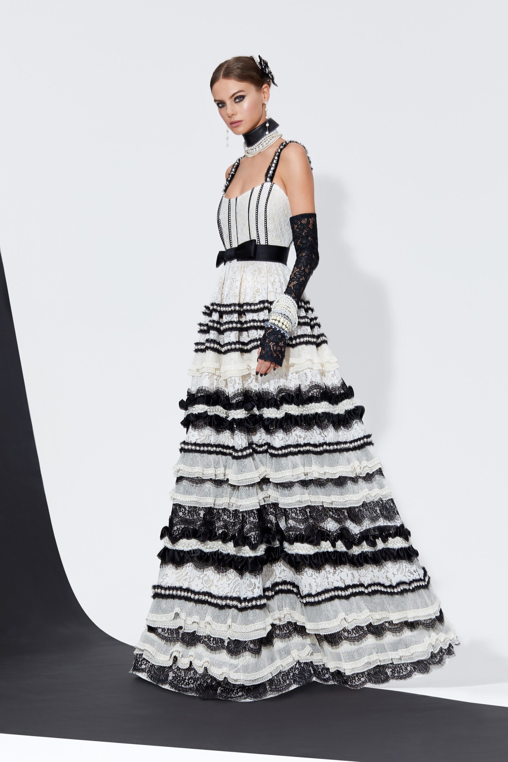 black and white tiered gown