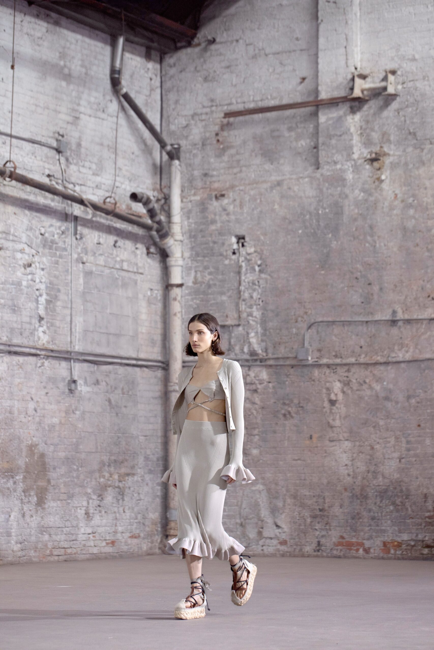 beige fitted top gray midi skirt