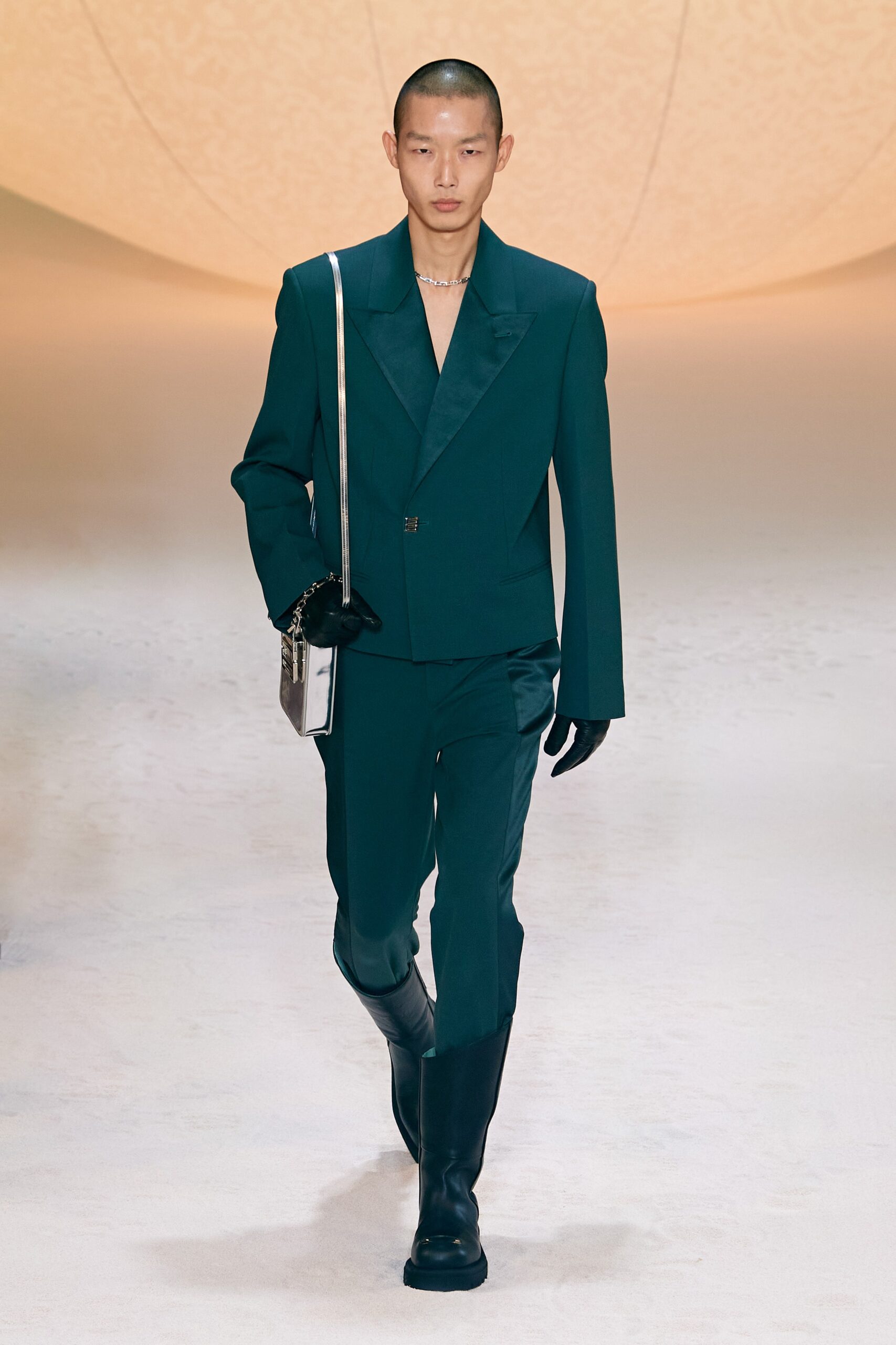 green silk long-sleeve v-neck tailored buttoned suit