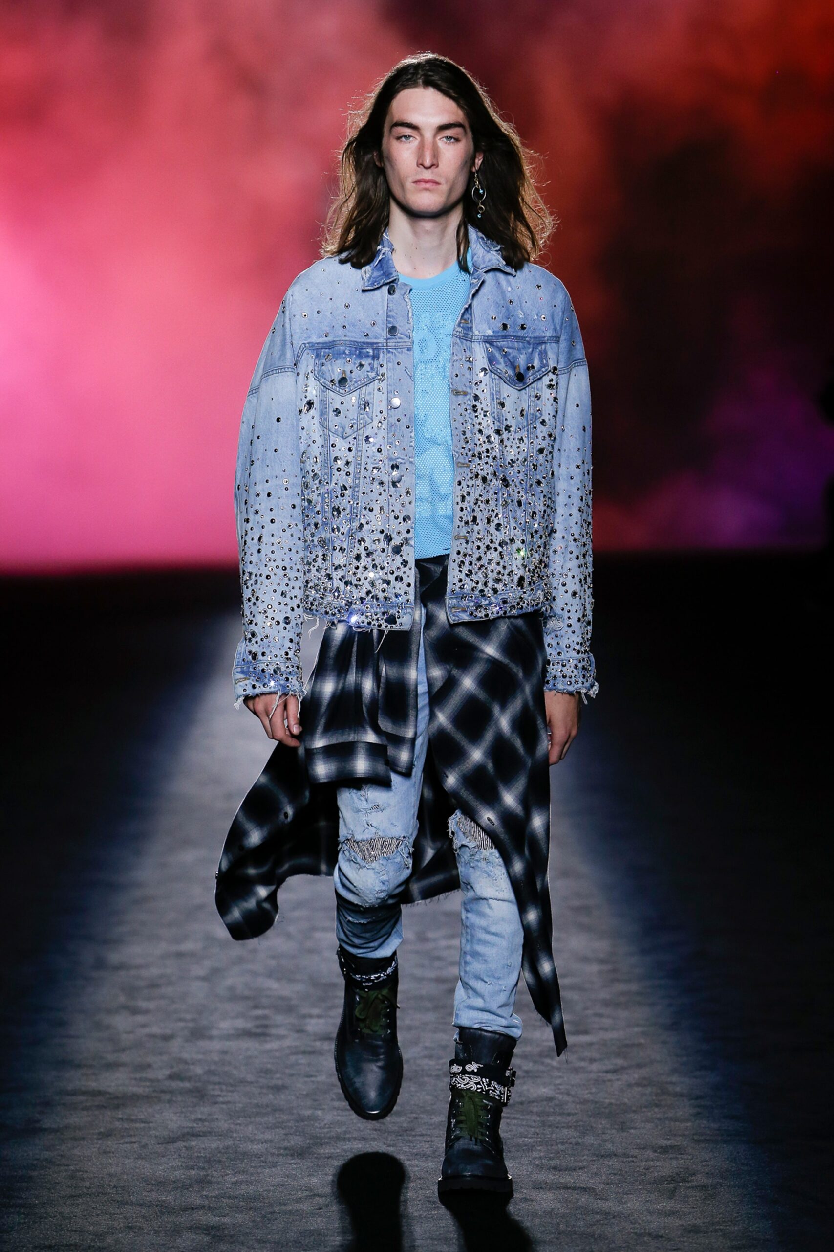 blue denim jacket with t-shirt and pants