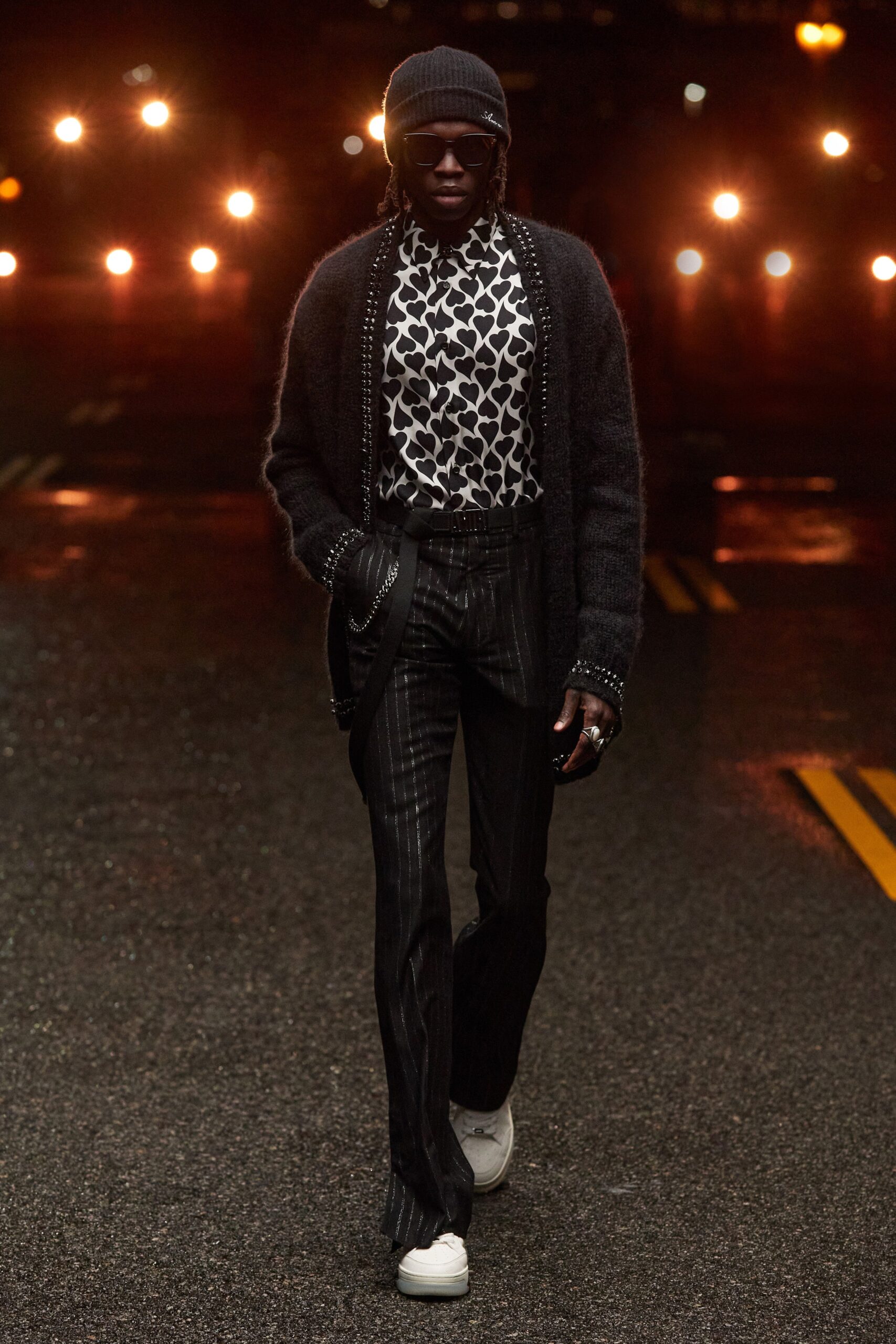 black wool relaxed sweater with printed shirt