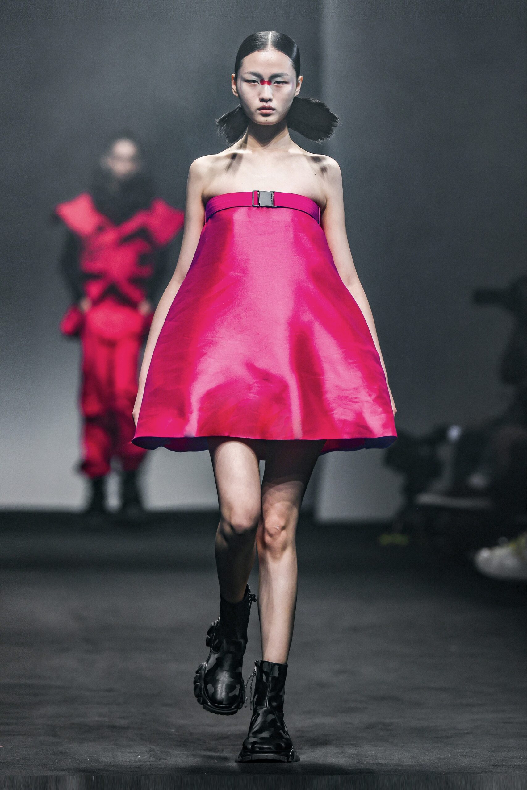 pink silk sleeveless strapless fitted a-line shiny dress