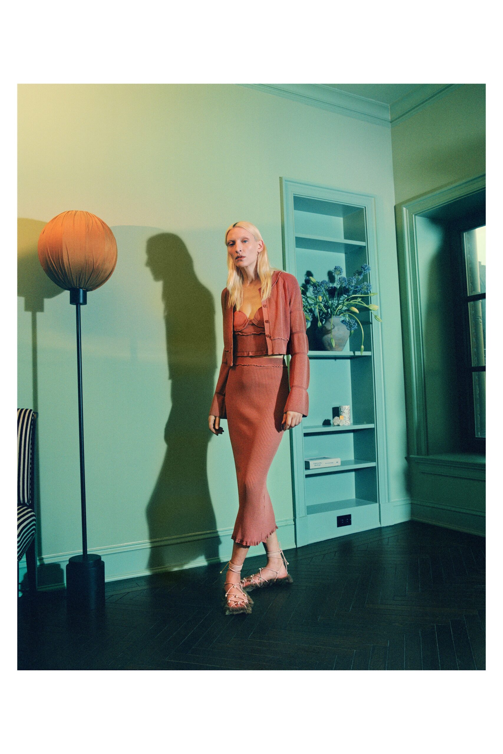 pink fitted knit dress and jacket