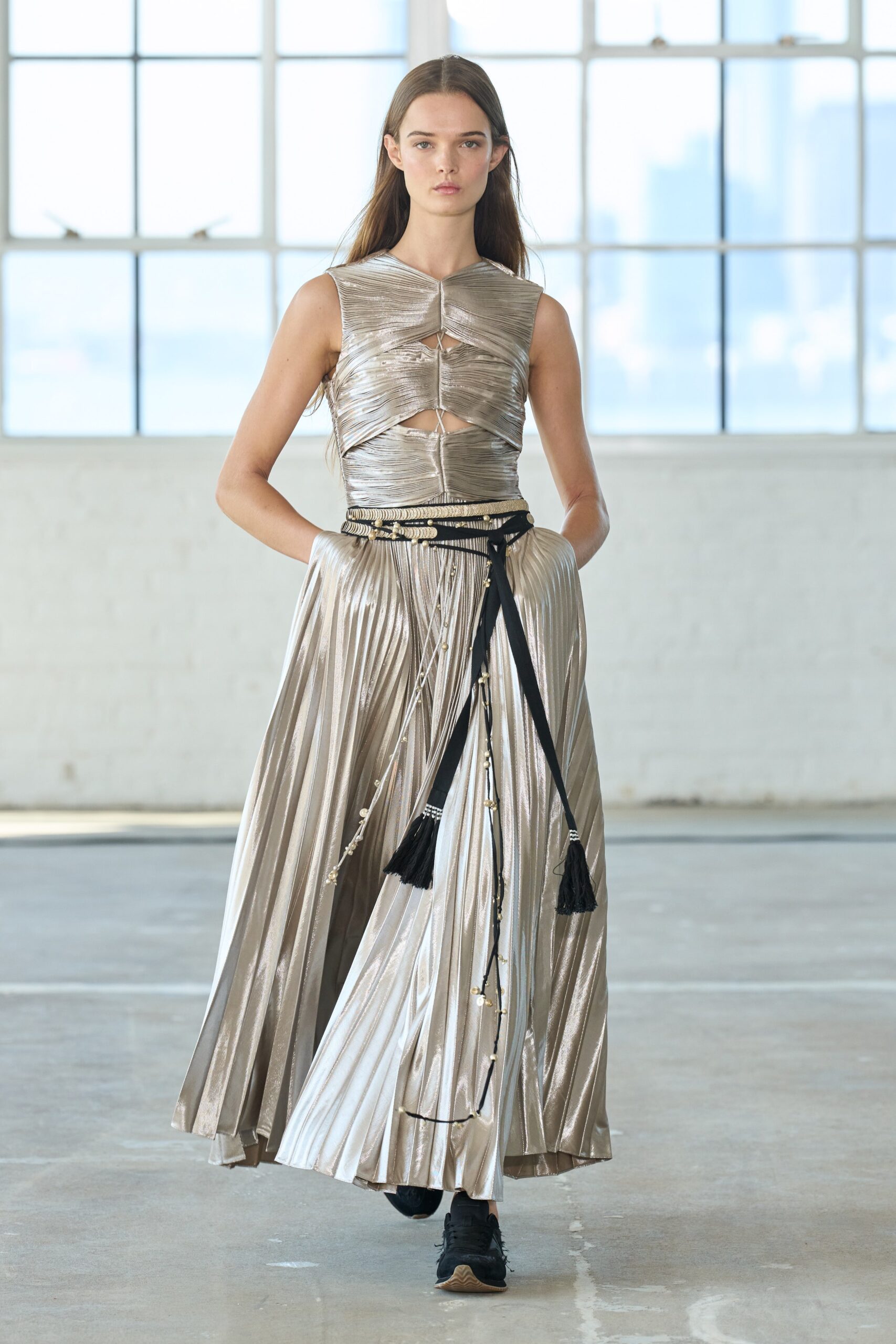 fitted silver pleated dress