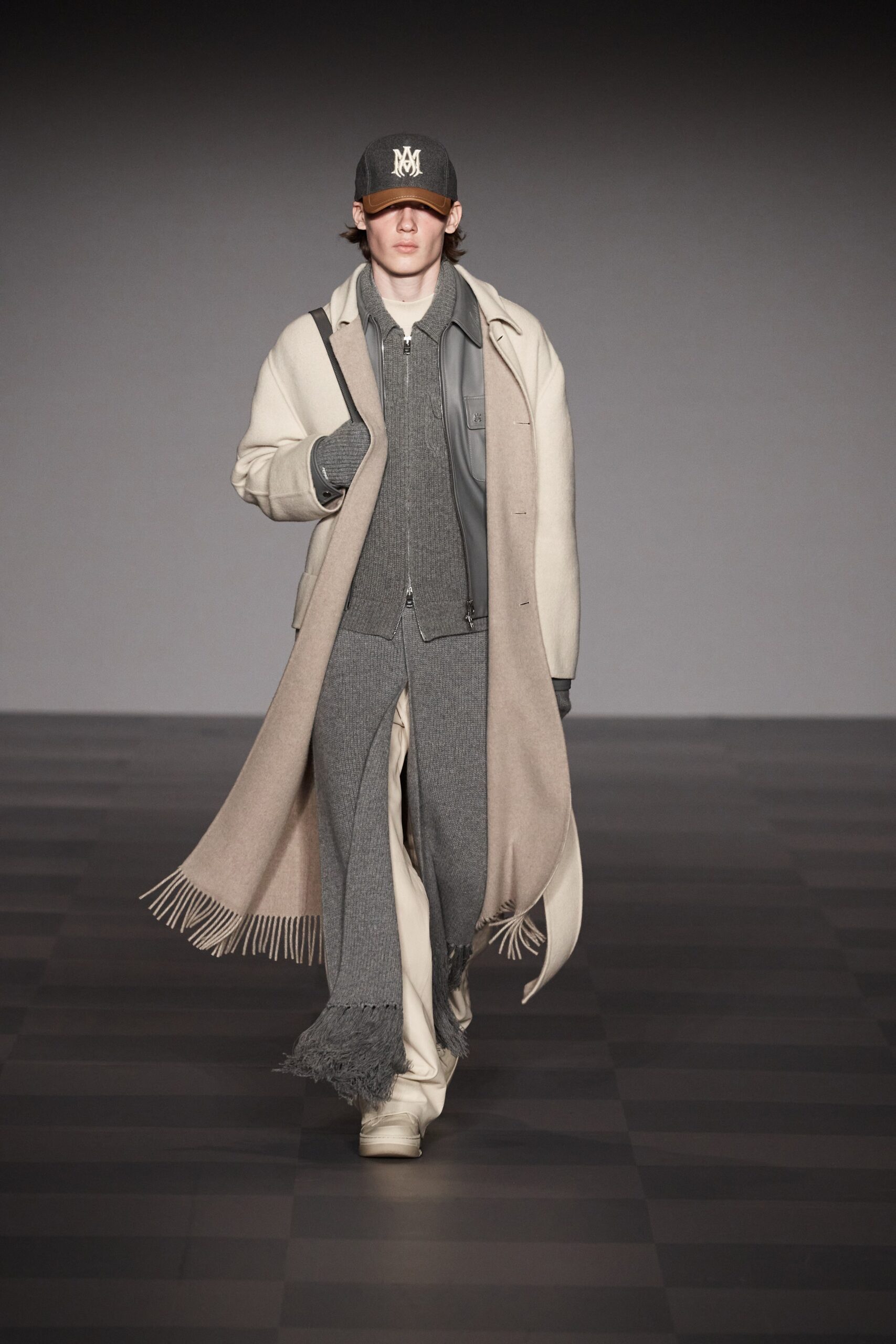beige wool coat with gray shirt