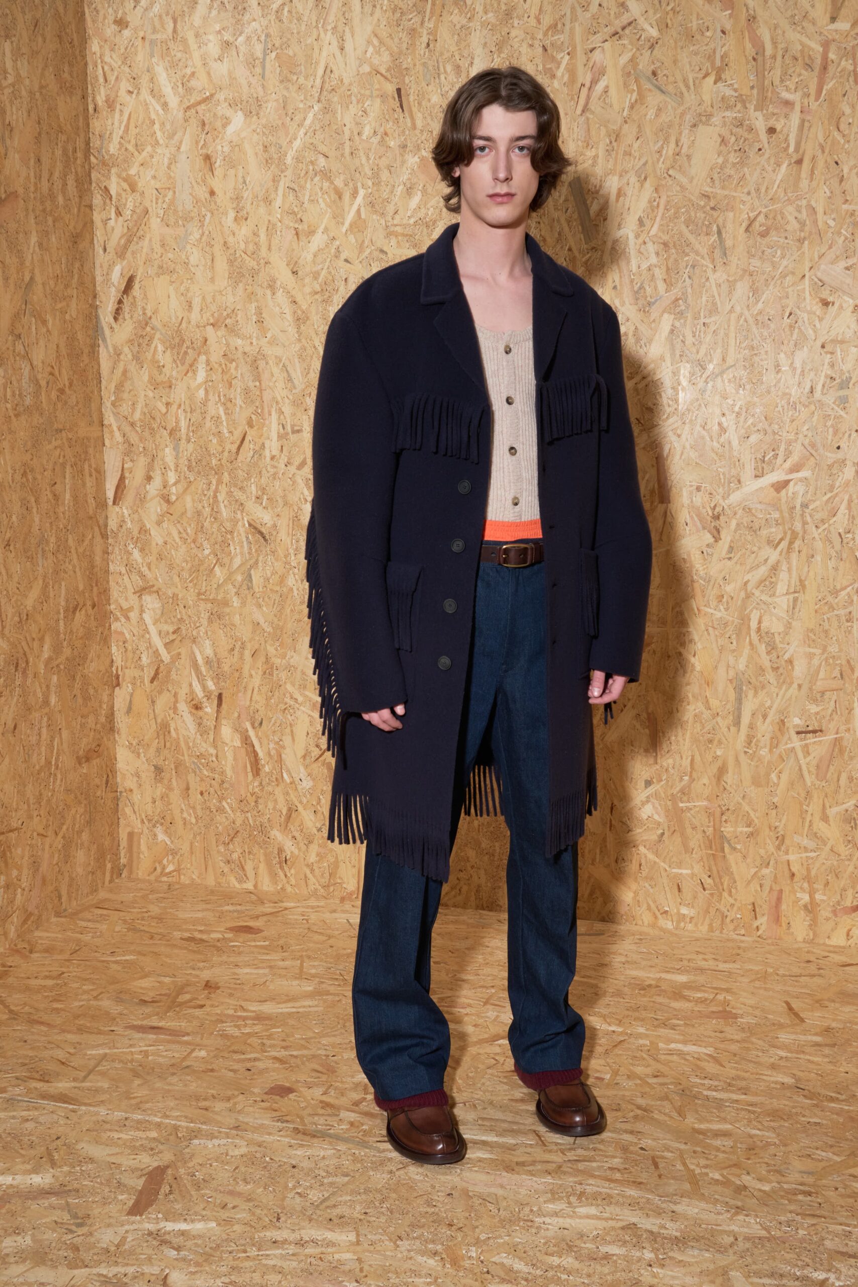 navy wool coat with fringes