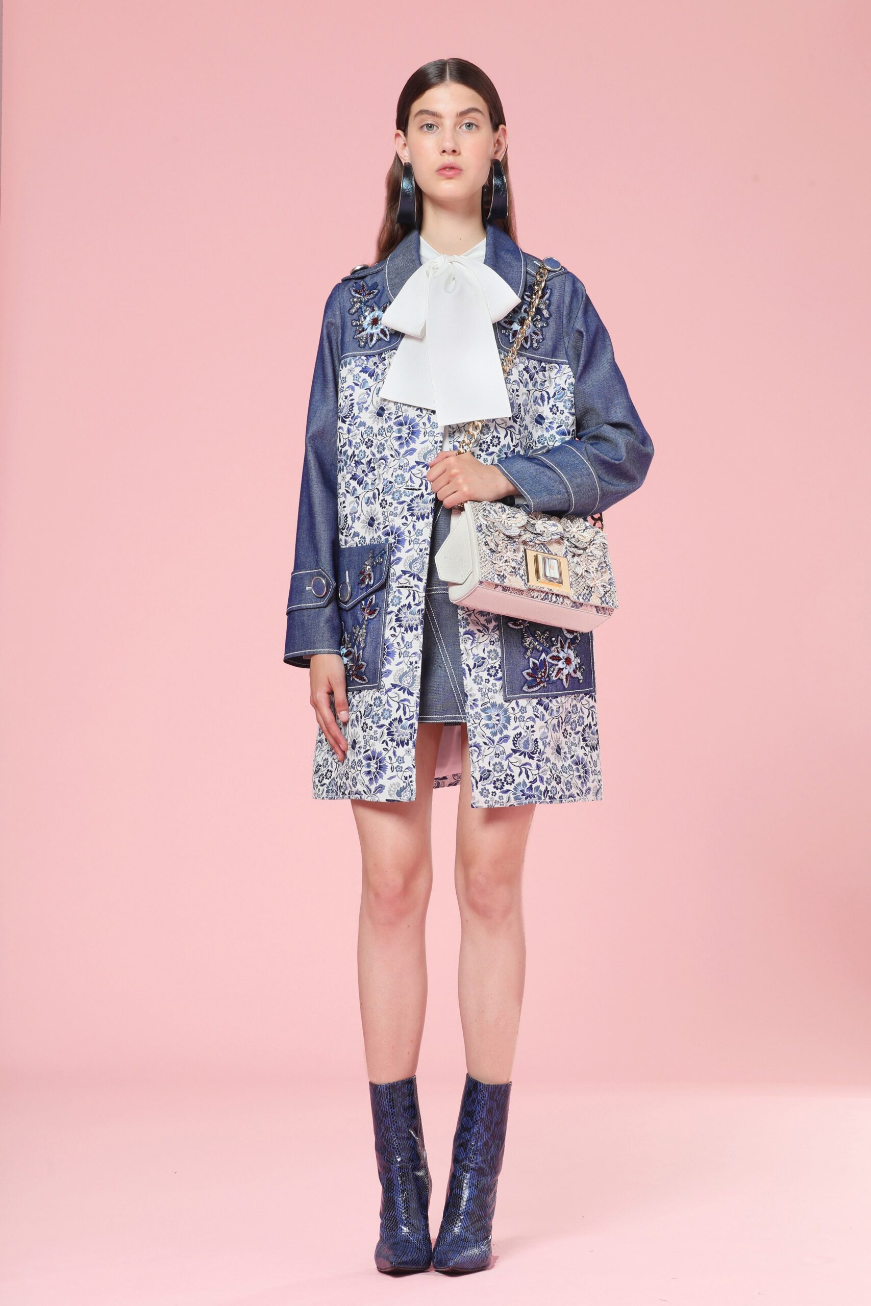 blue denim long-sleeve collared relaxed embroidered buttoned coat
