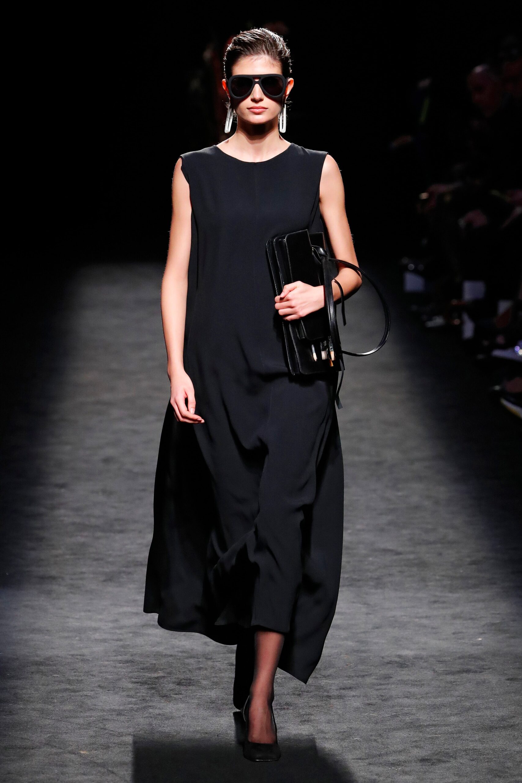 black silk sleeveless high-neck fitted straight-leg flowing dress