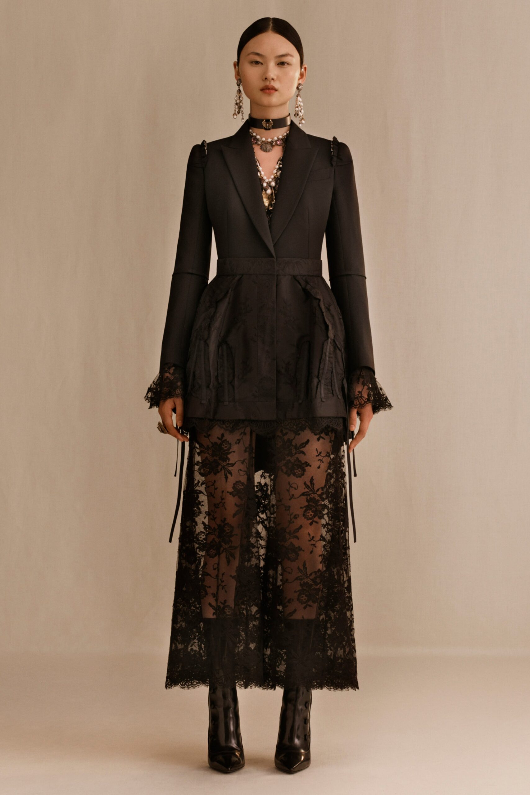 black lace maxi dress with blazer