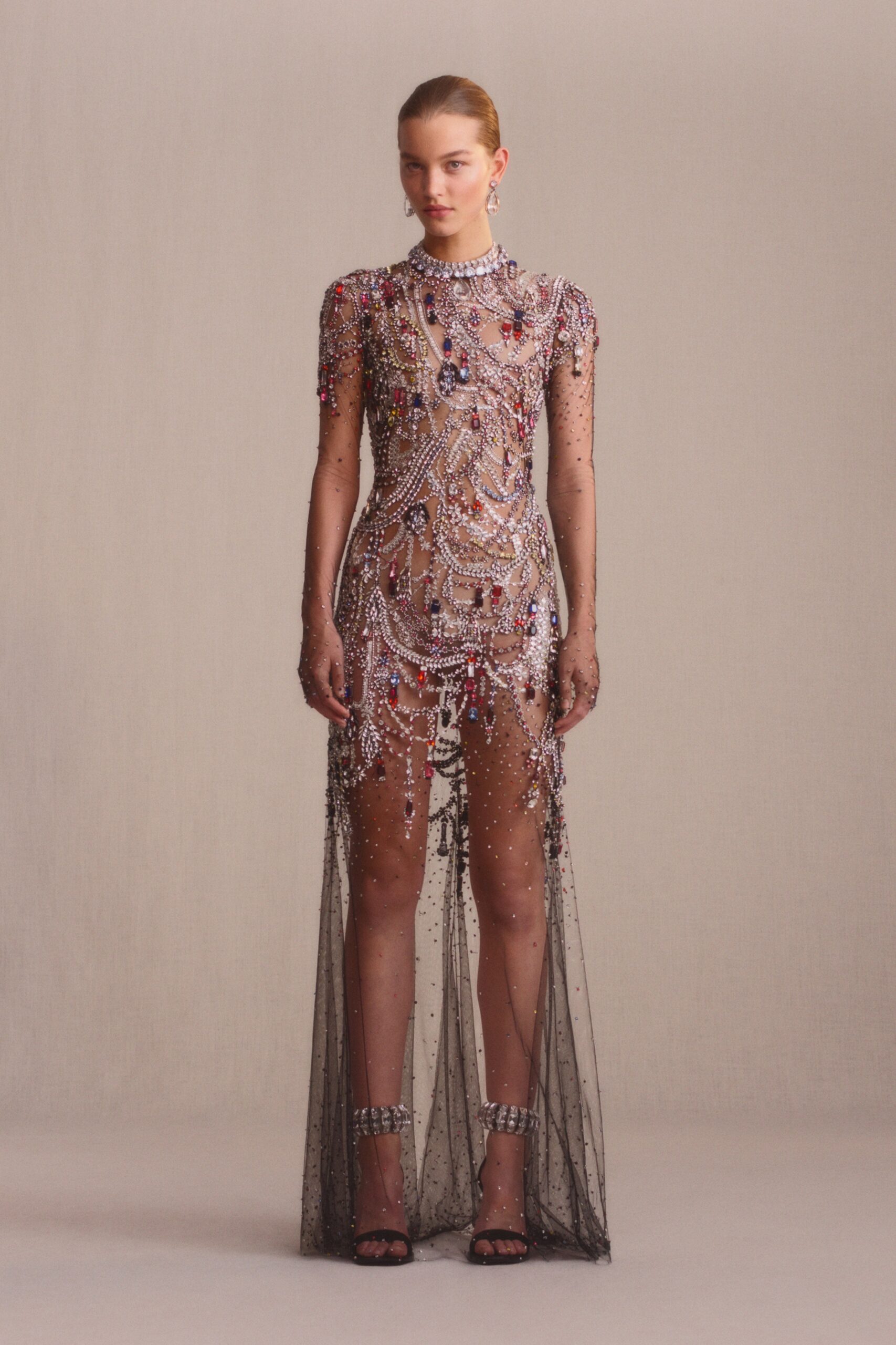 black embroidered sheer gown